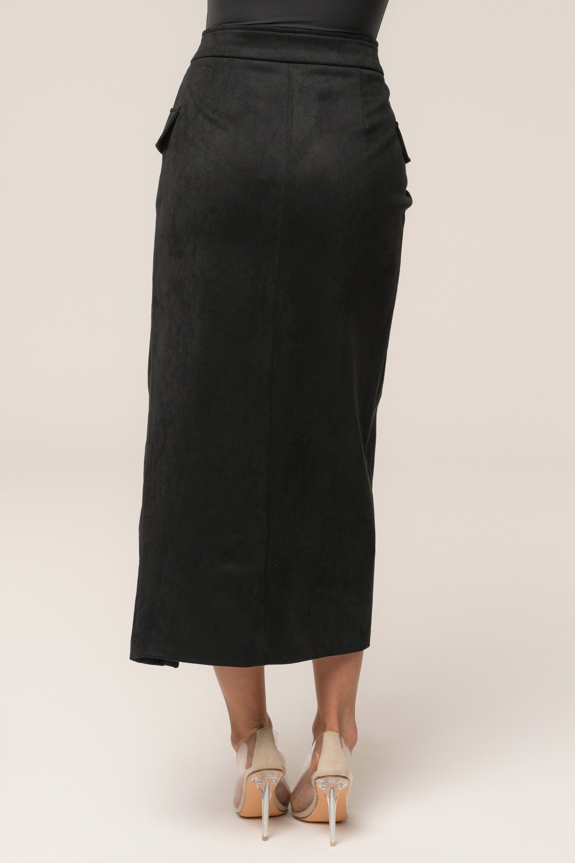 Black Audrey Suede Midi Skirt JLUXLABEL