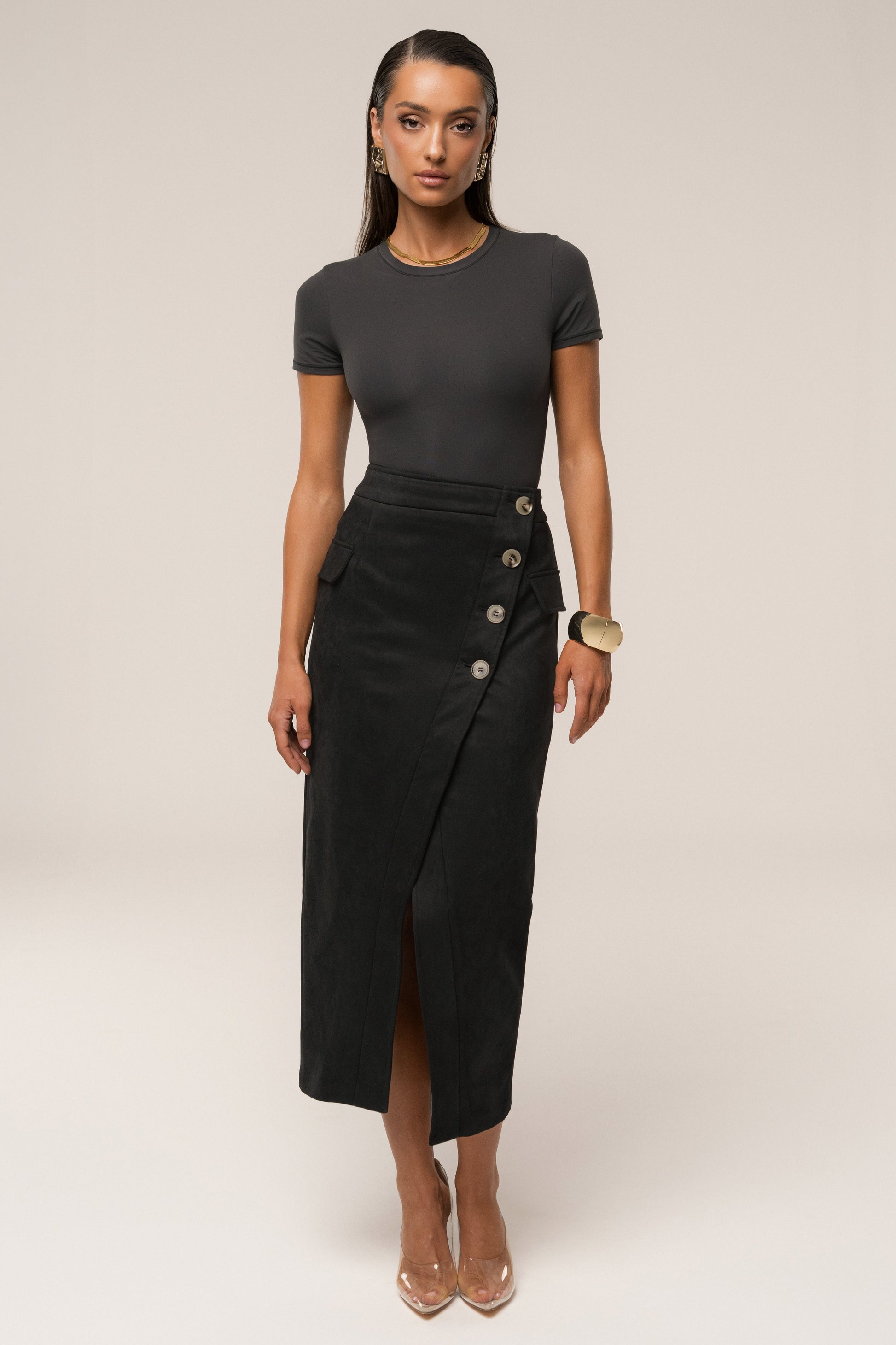 Black Audrey Suede Midi Skirt JLUXLABEL