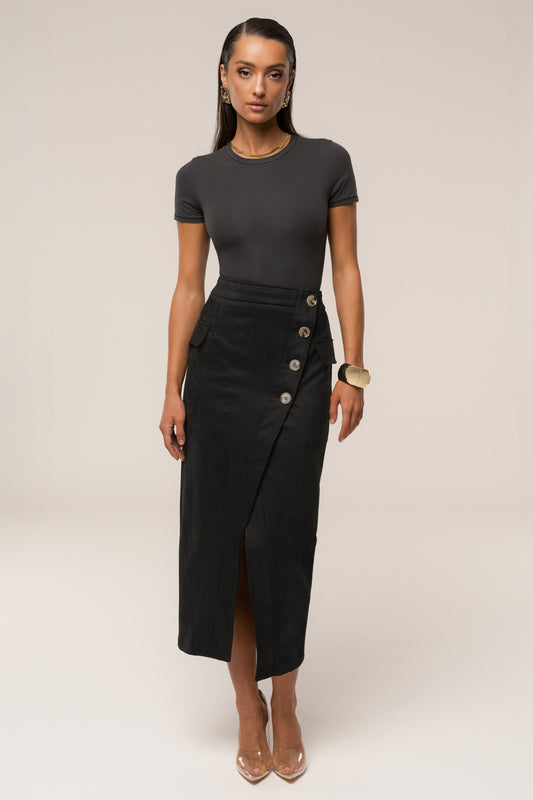 Black Audrey Suede Midi Skirt JLUXLABEL