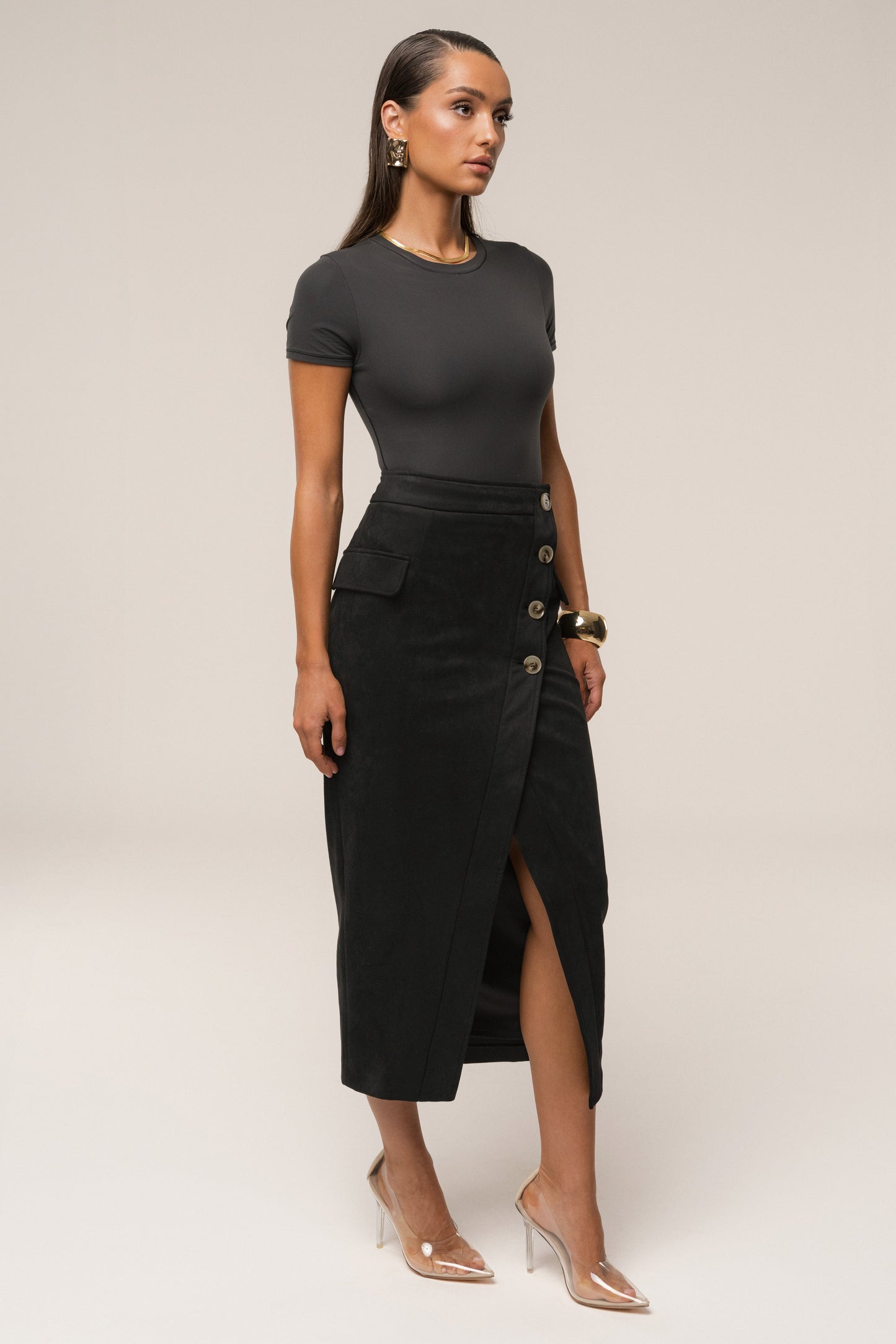 Black Audrey Suede Midi Skirt JLUXLABEL