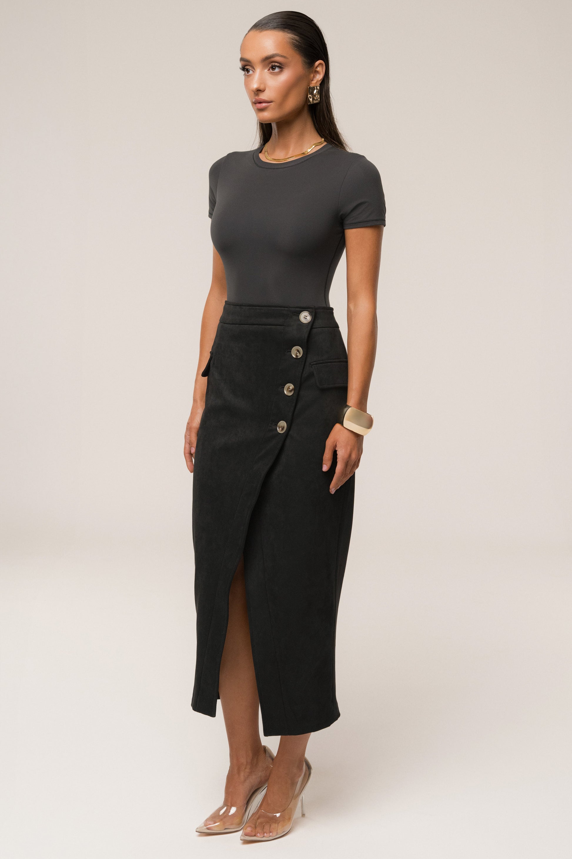 Black Audrey Suede Midi Skirt JLUXLABEL