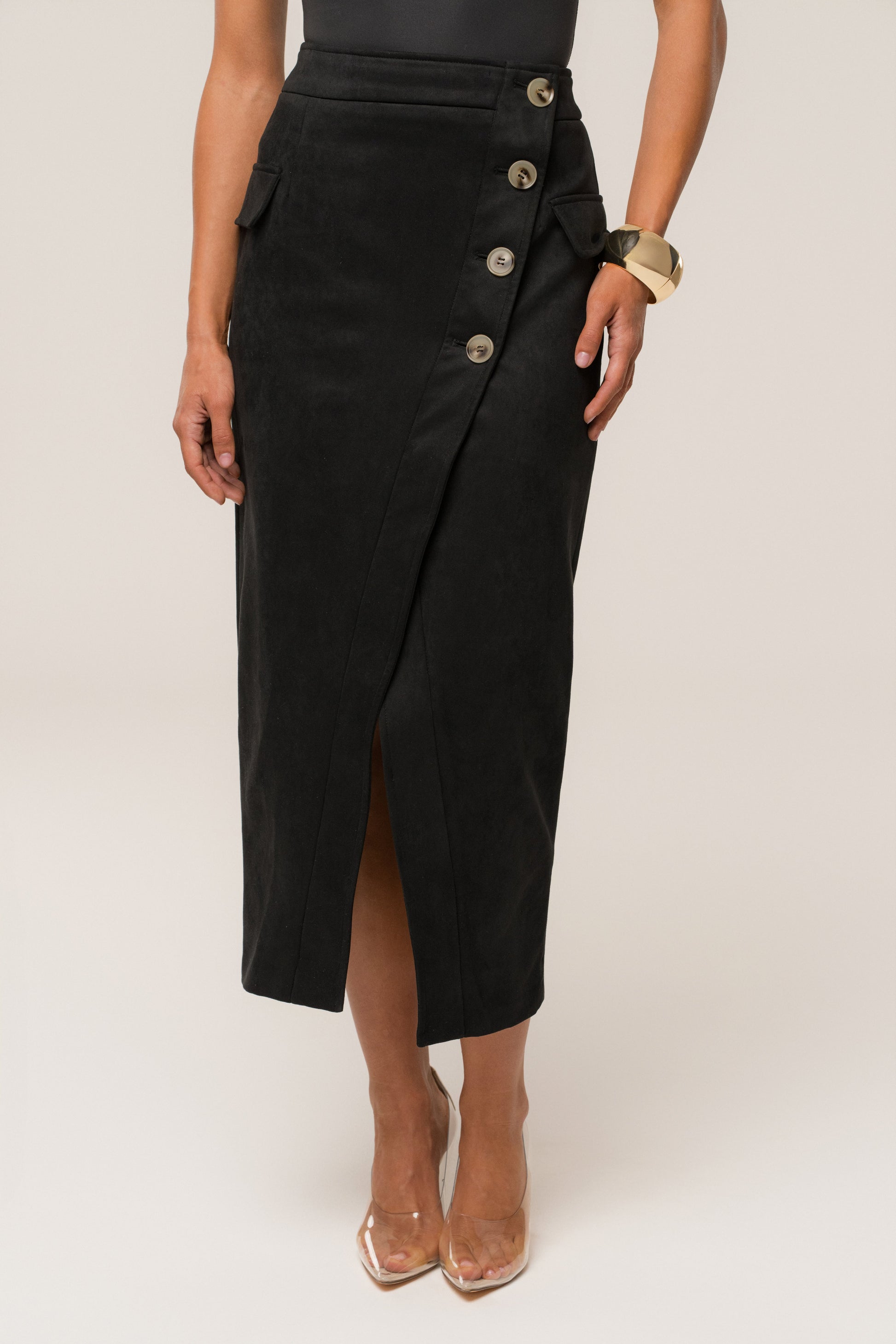 Black Audrey Suede Midi Skirt JLUXLABEL