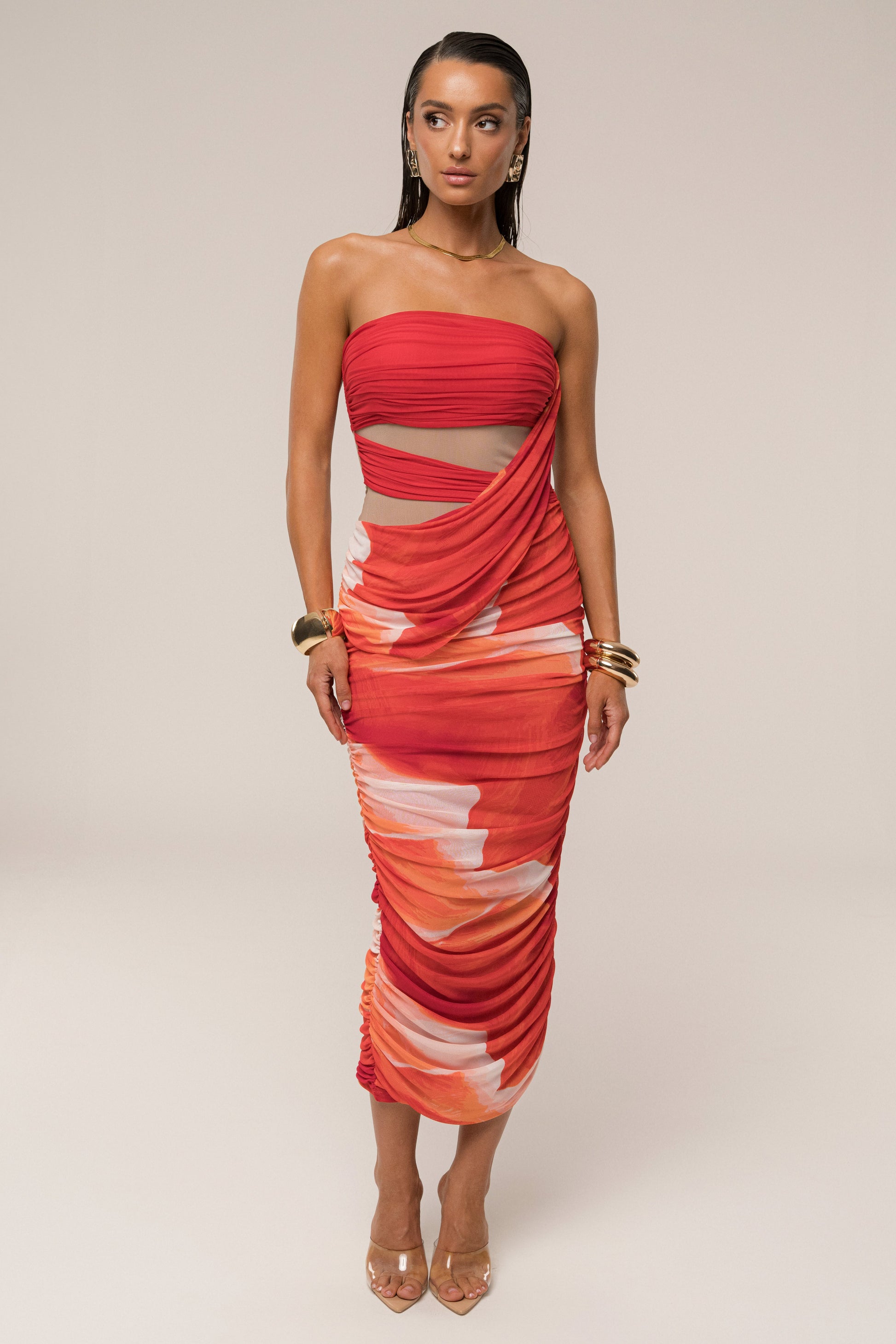 Sunset Red Timeless Form Ruched Midi Dress JLUXLABEL