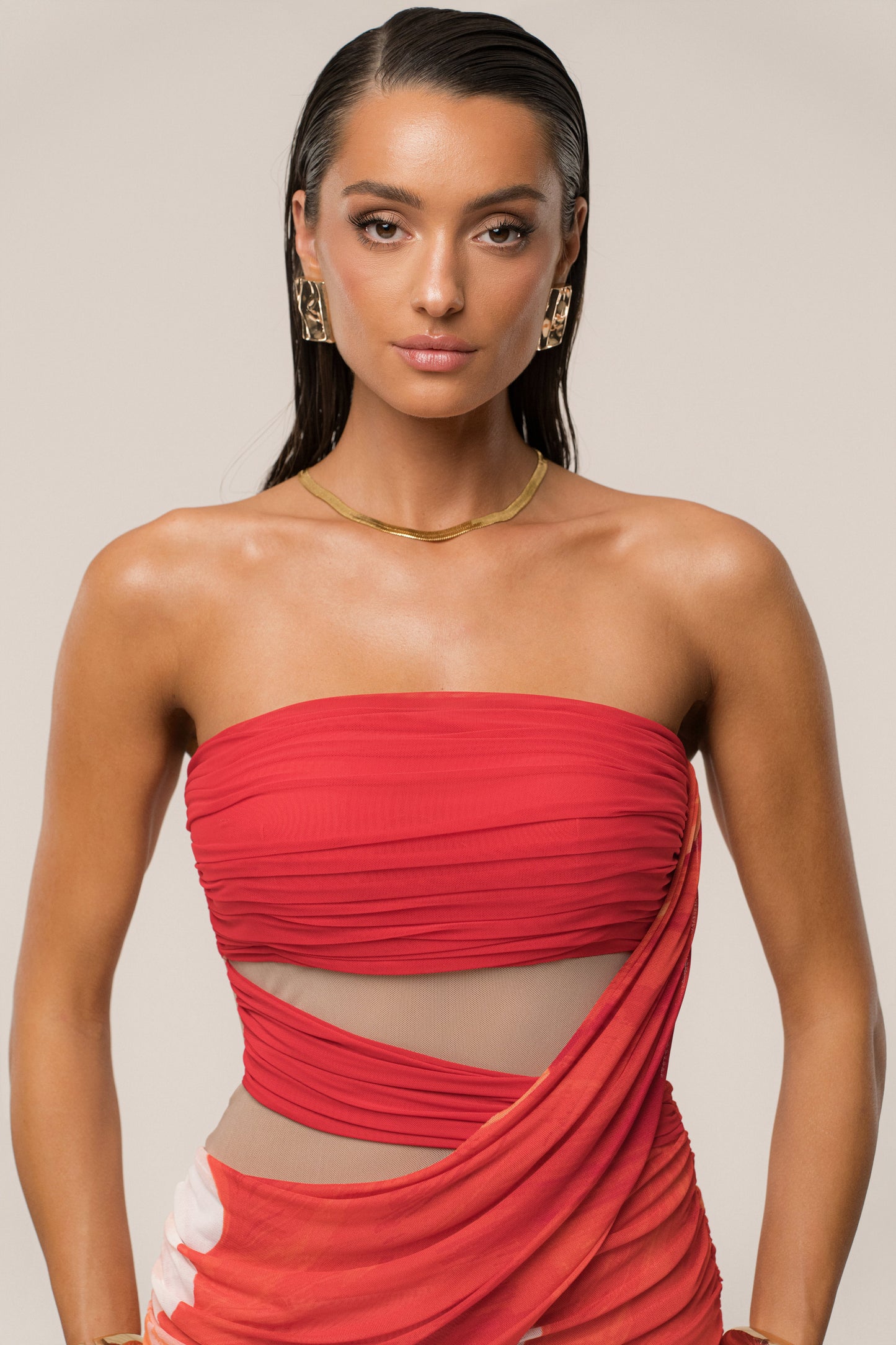Sunset Red Timeless Form Ruched Midi Dress JLUXLABEL