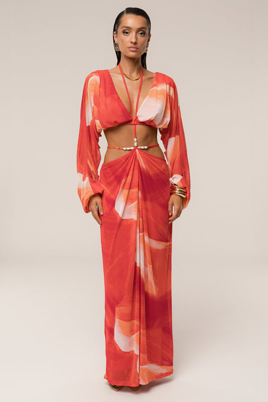 Sunset Red Hera Draped Maxi Skirt JLUXLABEL