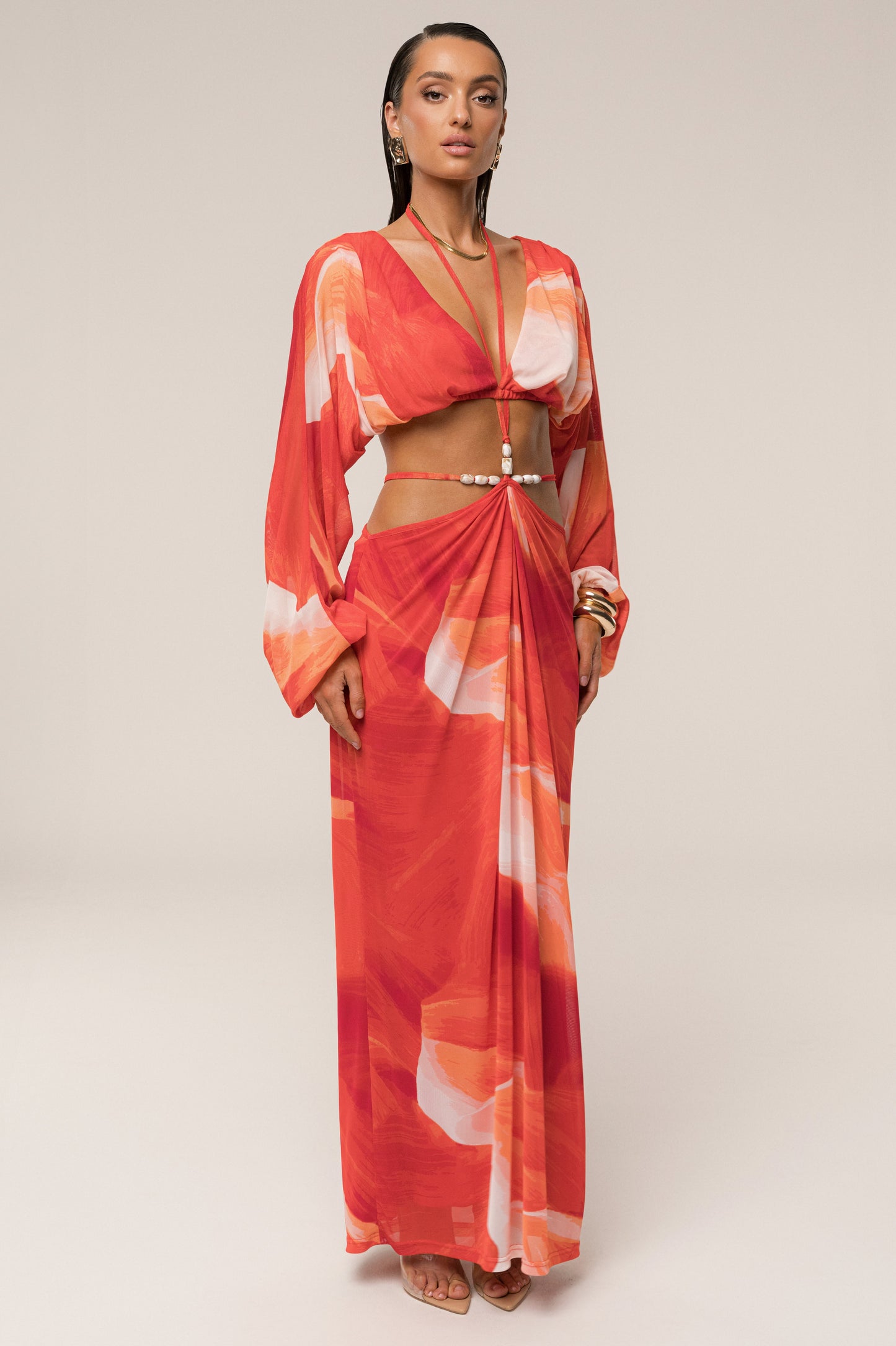 Sunset Red Hera Draped Maxi Skirt JLUXLABEL