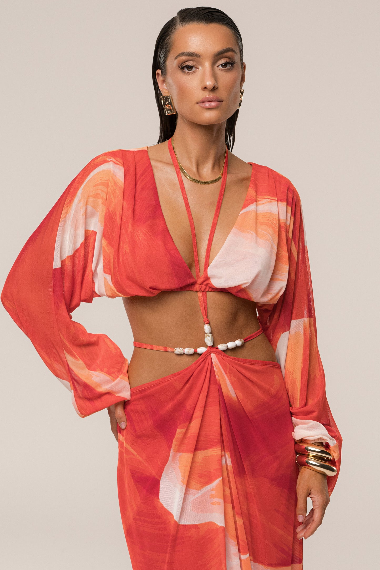 Sunset Red Hera Draped Maxi Skirt JLUXLABEL