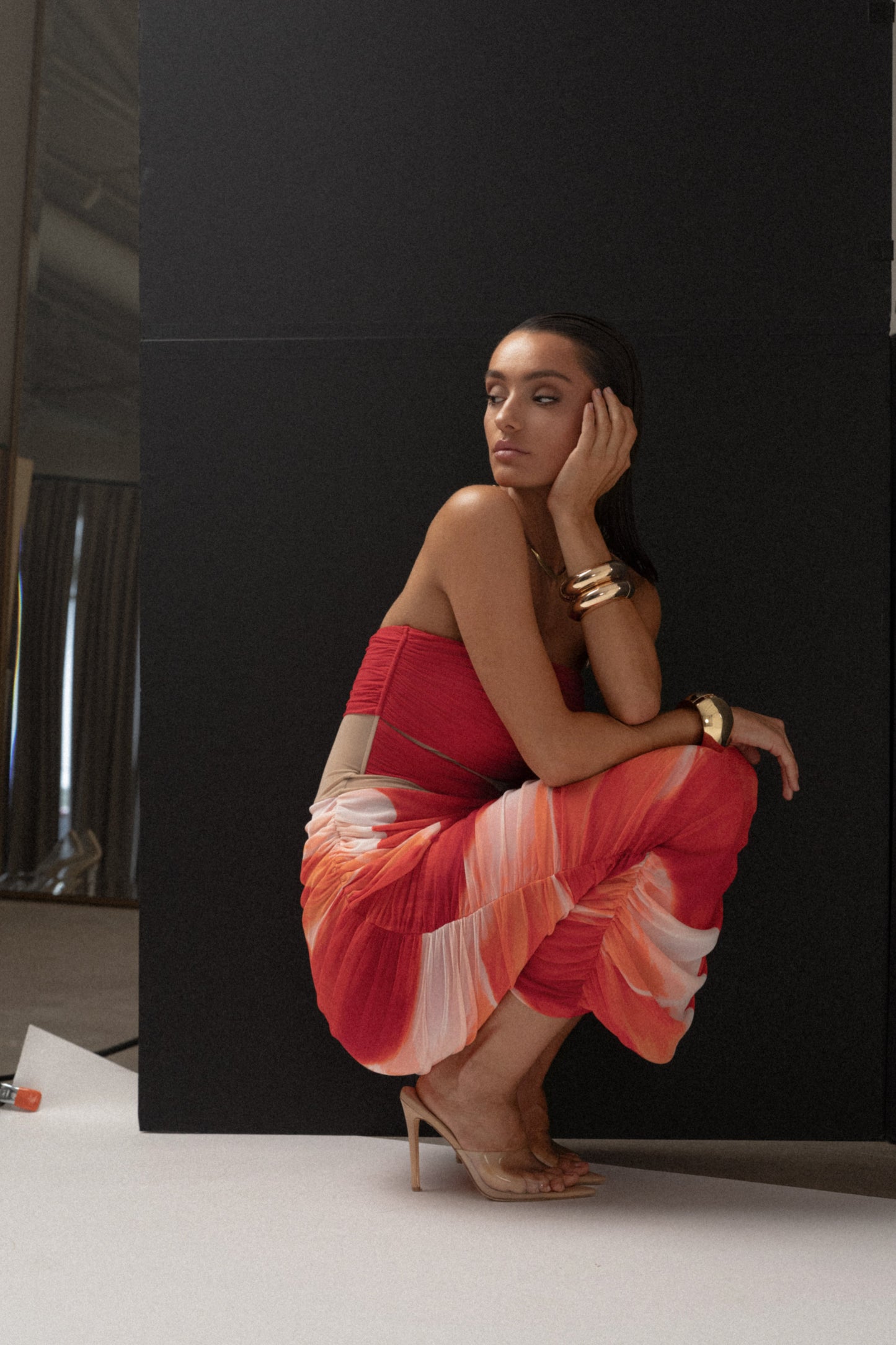 Sunset Red Timeless Form Ruched Midi Dress JLUXLABEL