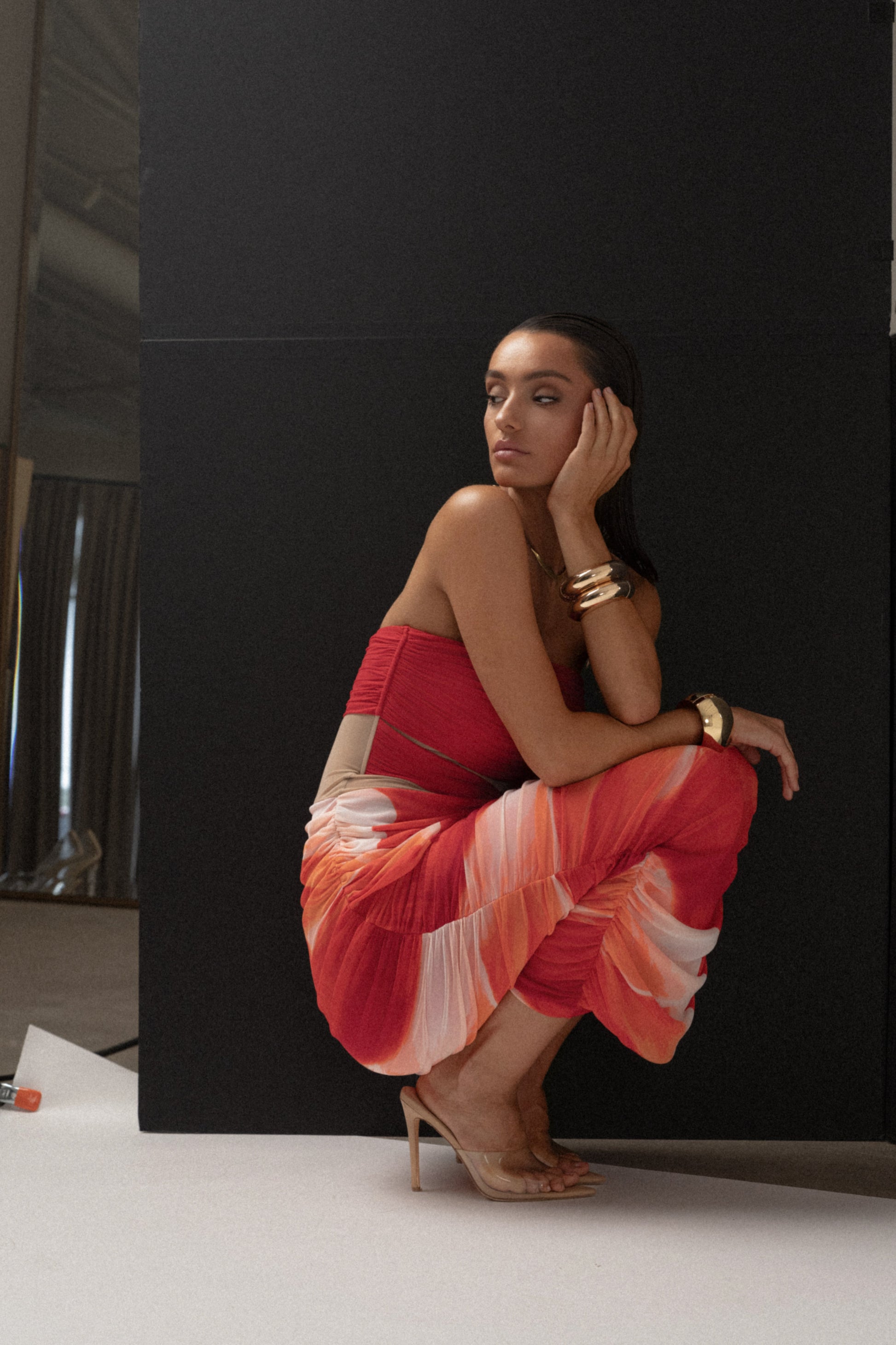 Sunset Red Timeless Form Ruched Midi Dress JLUXLABEL