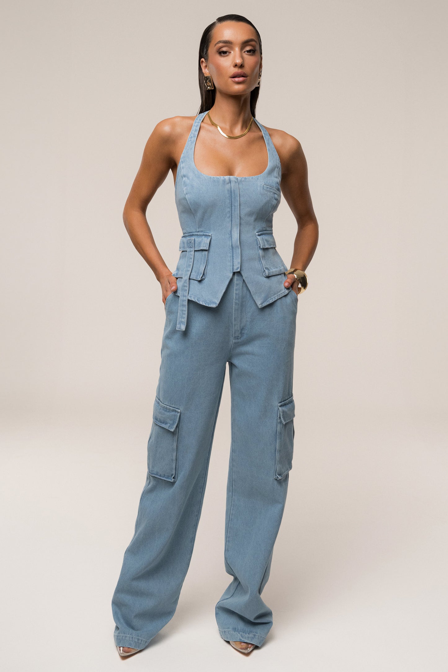 Medium Wash Denim Utility Cargo Pants JLUXLABEL