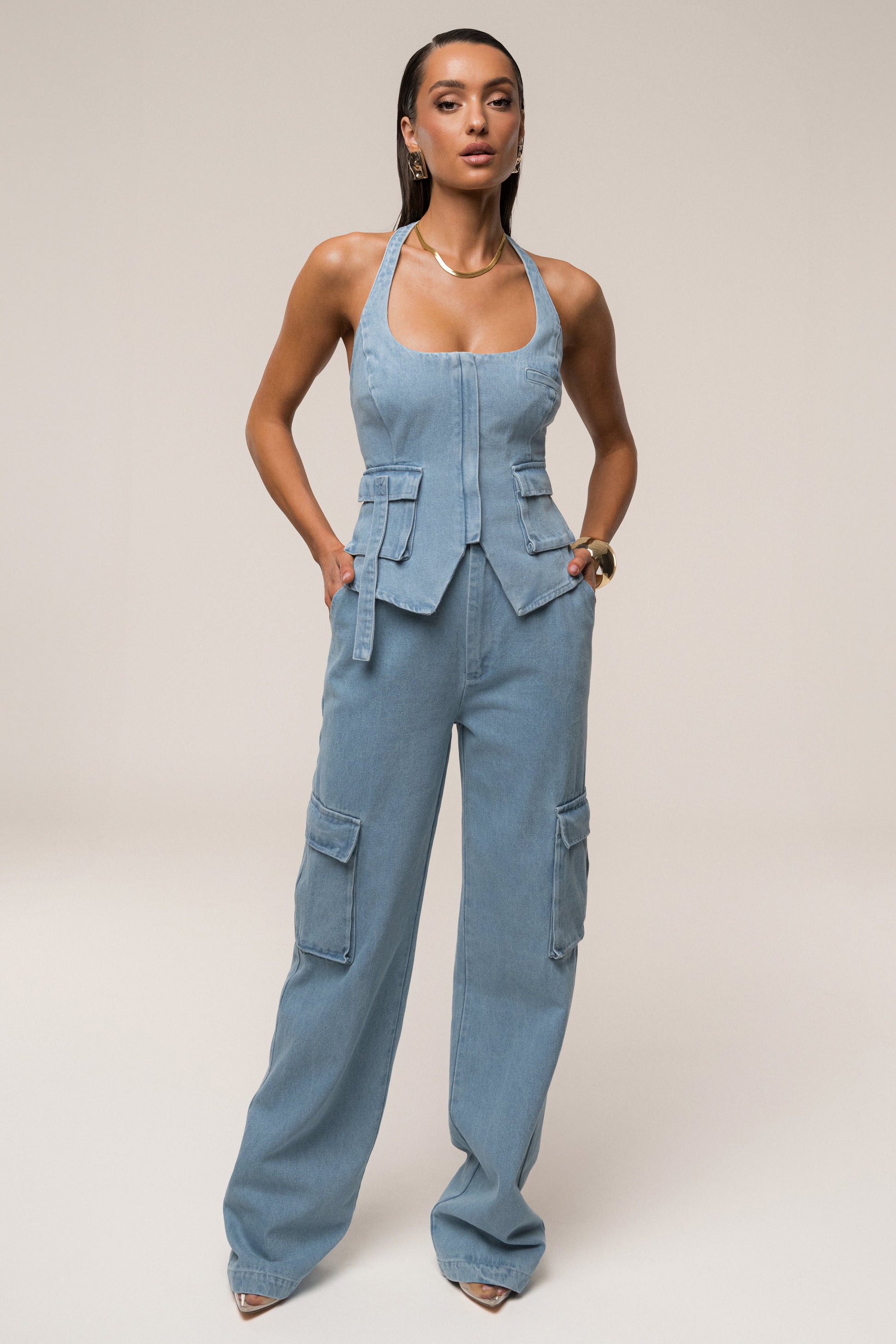 Medium Wash Denim Utility Cargo Pants JLUXLABEL