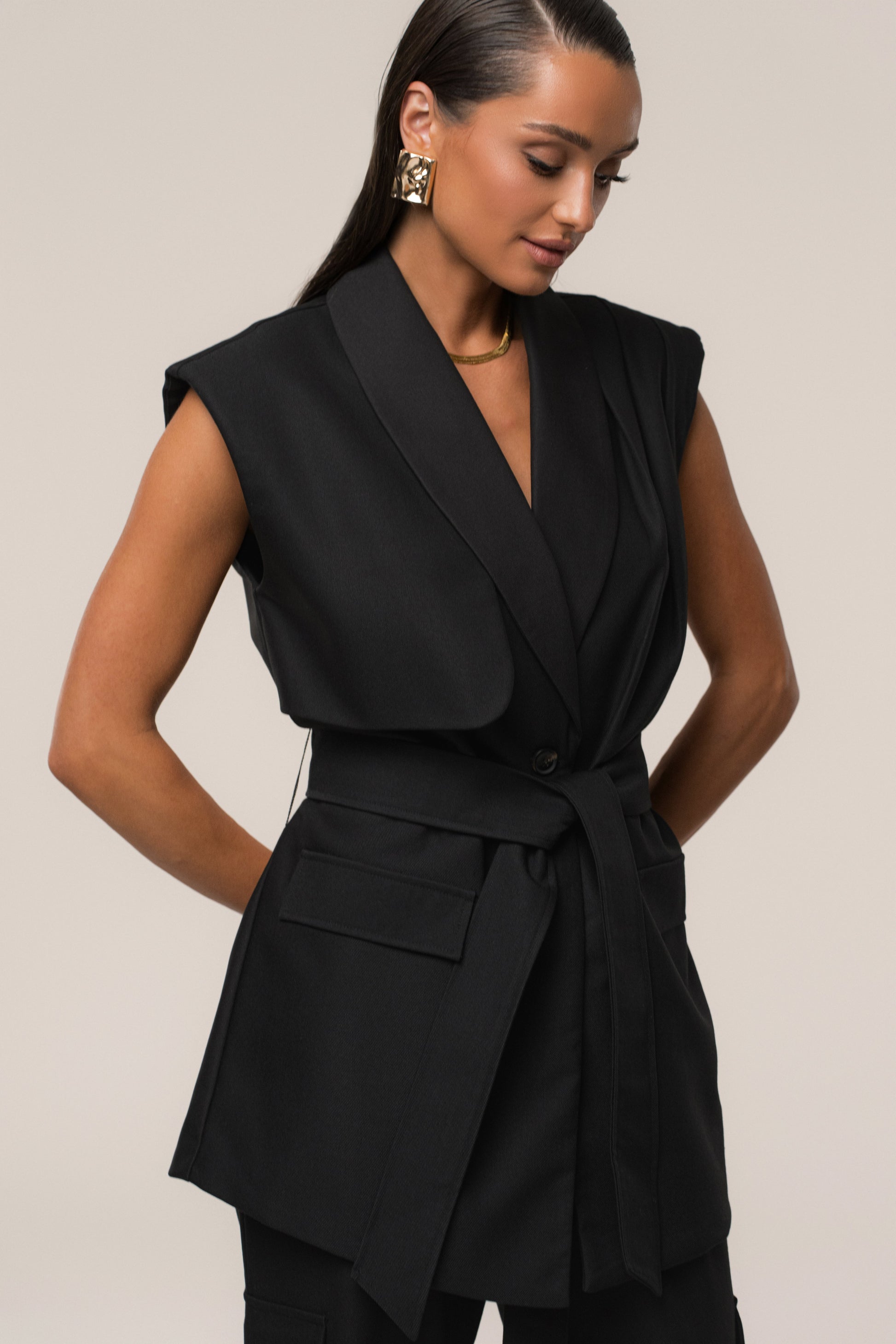 Black Jeanie Belted Vest JLUXLABEL