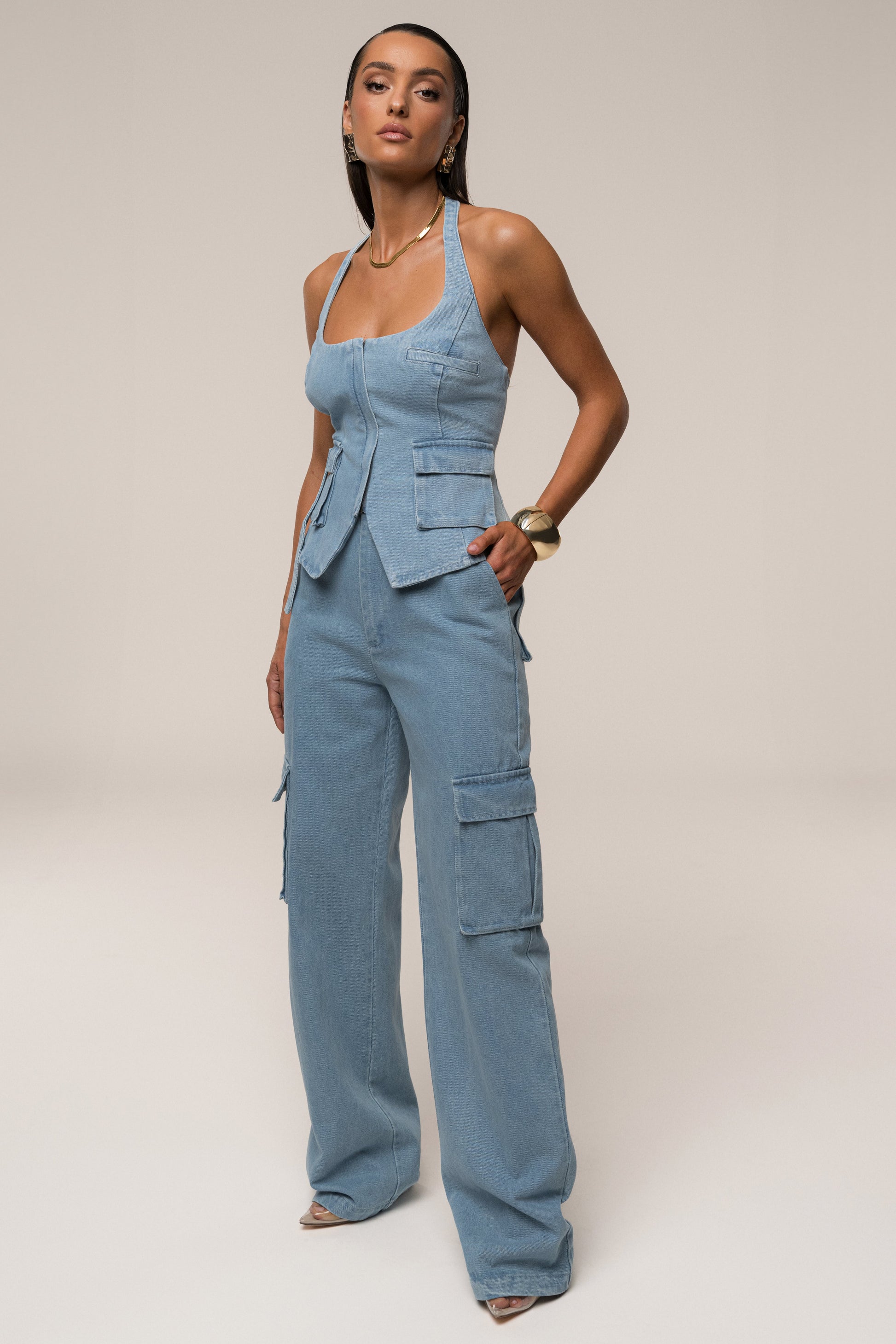 Medium Wash Josie Denim Halter Top JLUXLABEL