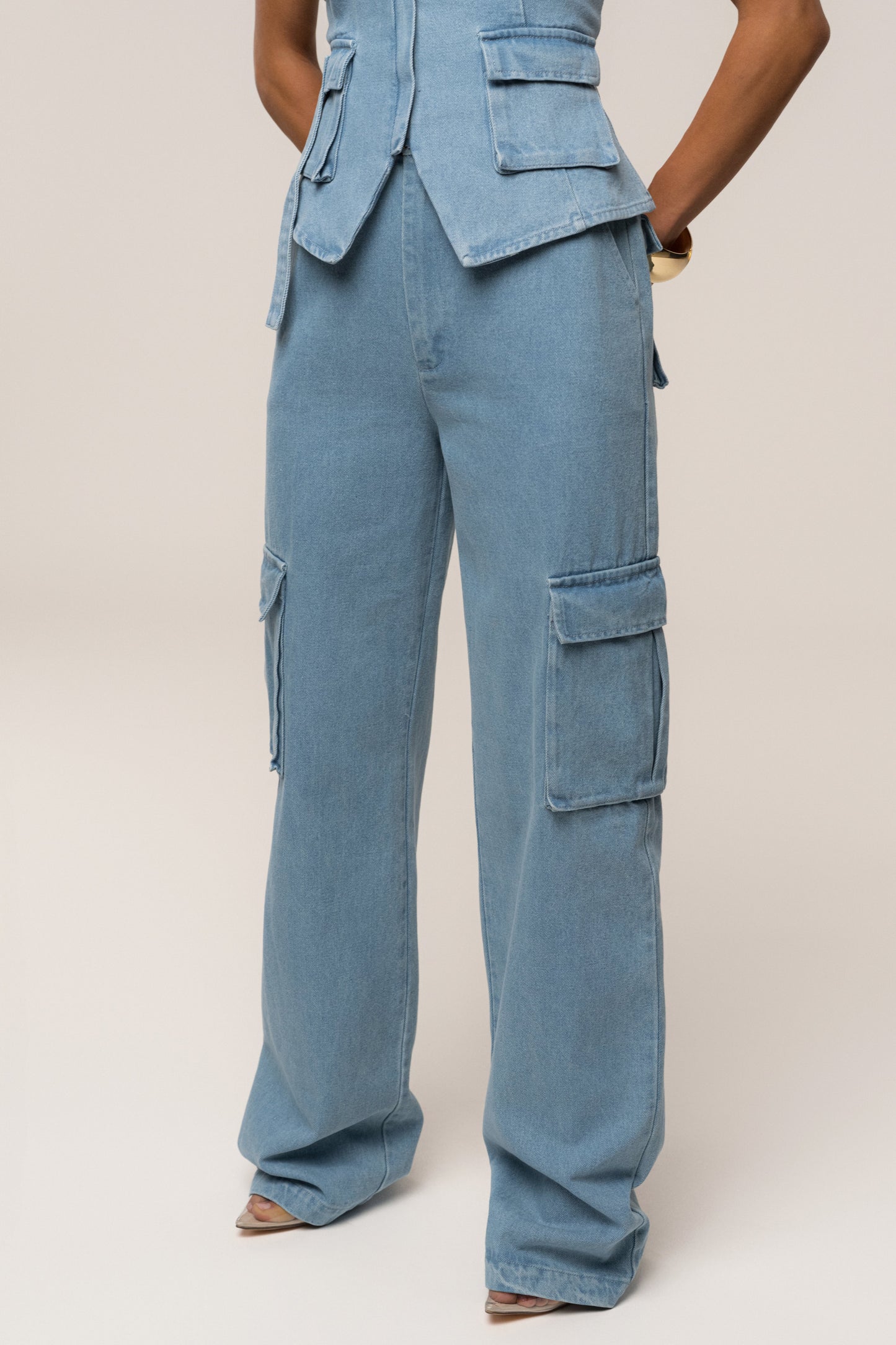 Medium Wash Denim Utility Cargo Pants JLUXLABEL