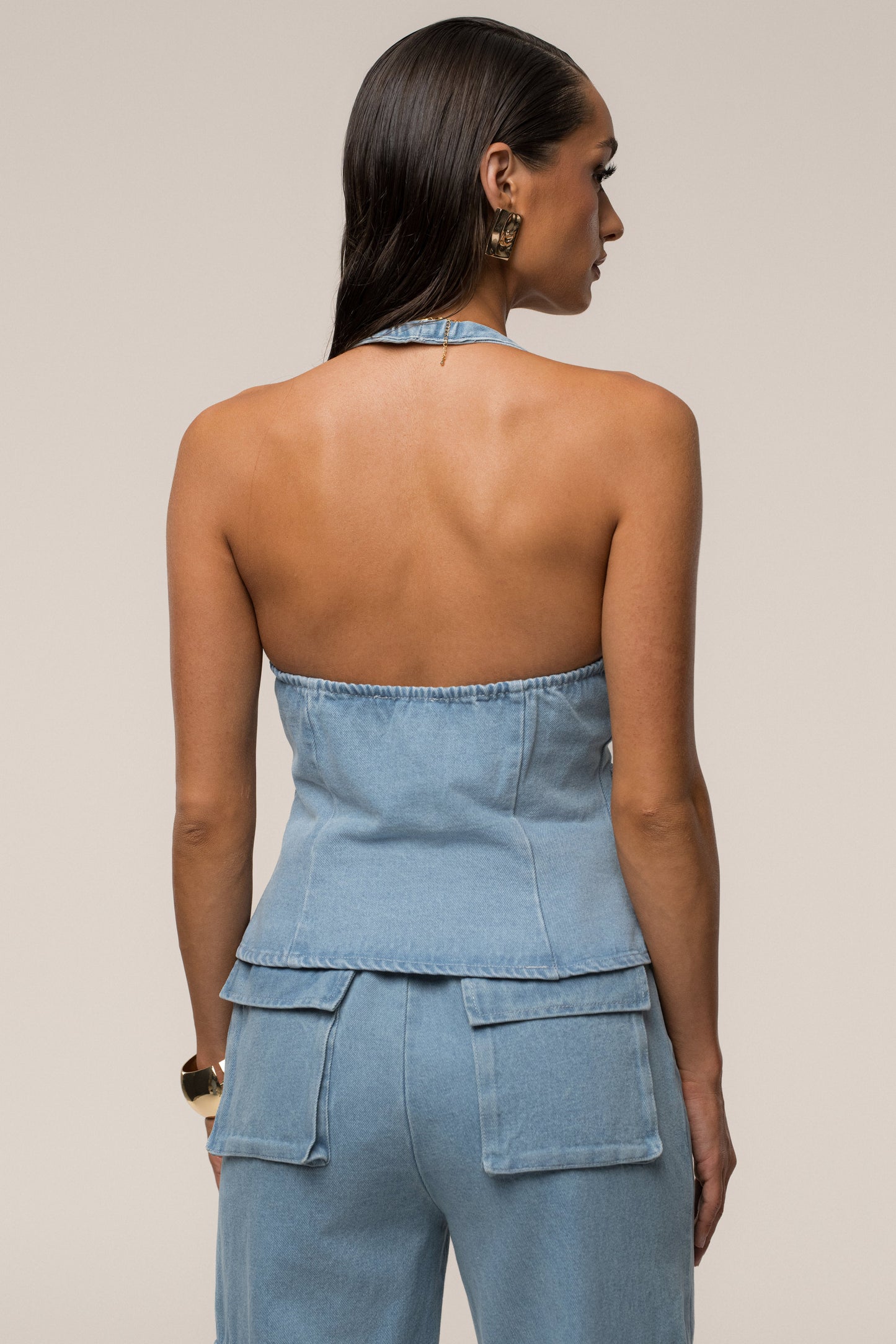 Medium Wash Josie Denim Halter Top JLUXLABEL