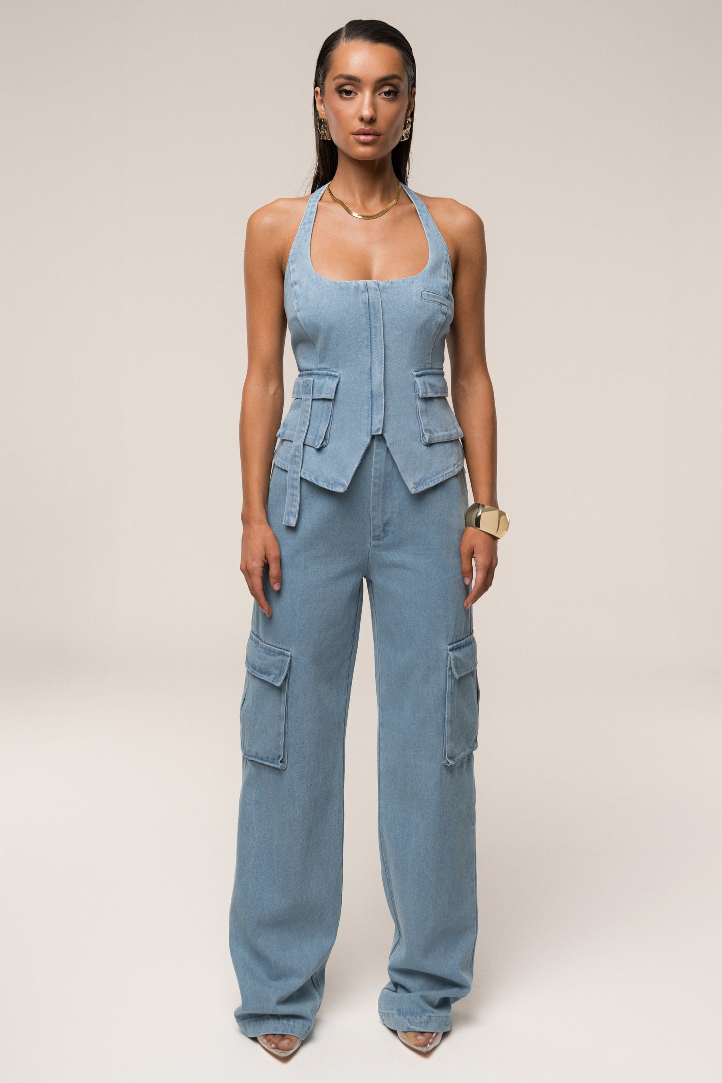 Medium Wash Josie Denim Halter Top JLUXLABEL