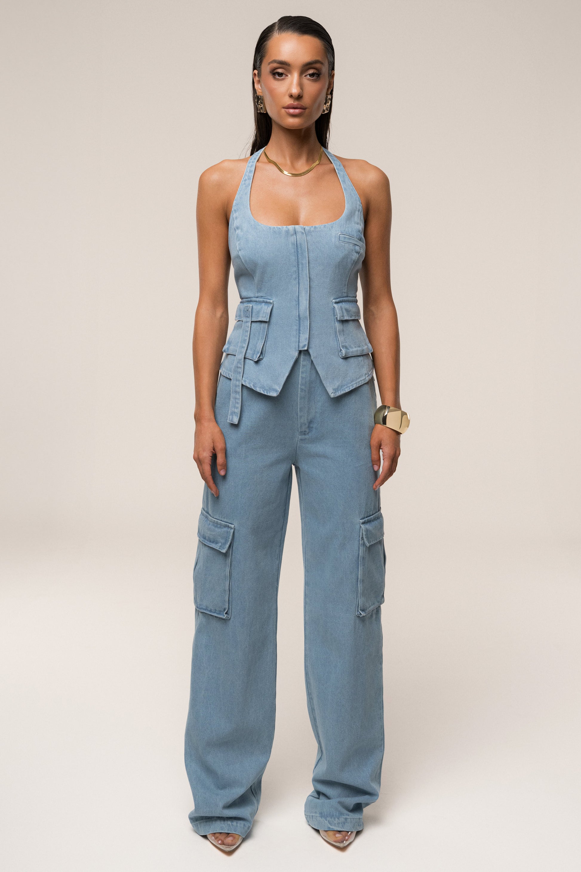 Medium Wash Josie Denim Halter Top JLUXLABEL
