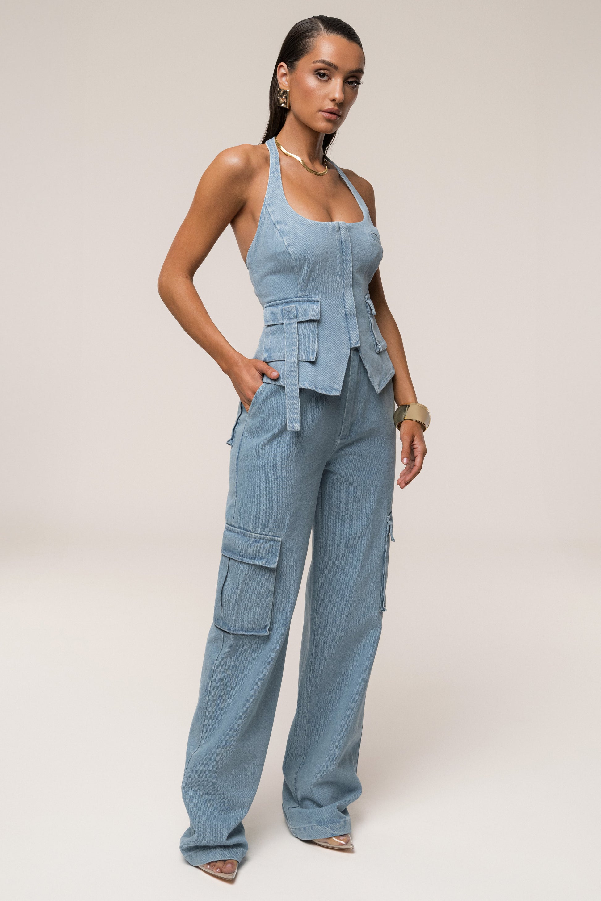 Medium Wash Denim Utility Cargo Pants JLUXLABEL
