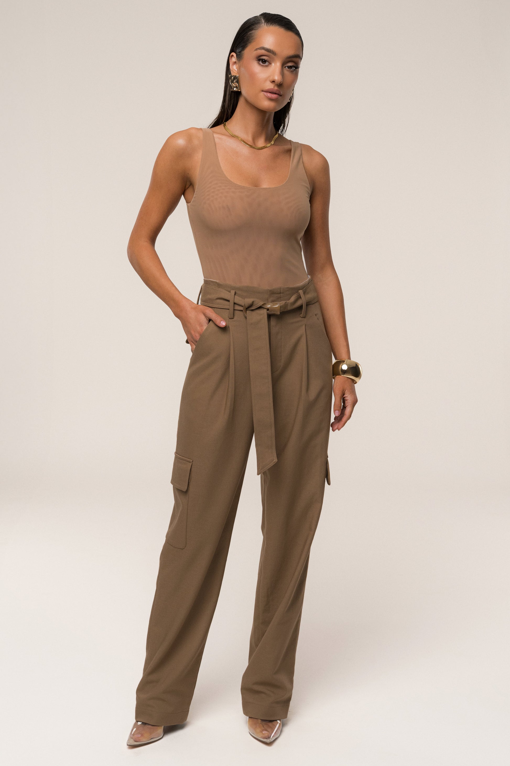 Tan Alexis Belted Cargo Pants JLUXLABEL