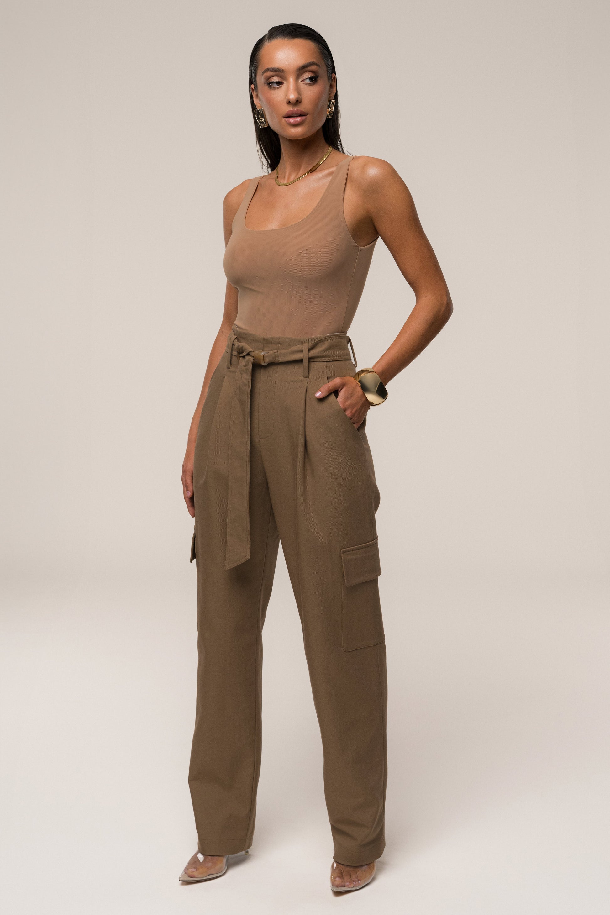 Tan Alexis Belted Cargo Pants JLUXLABEL