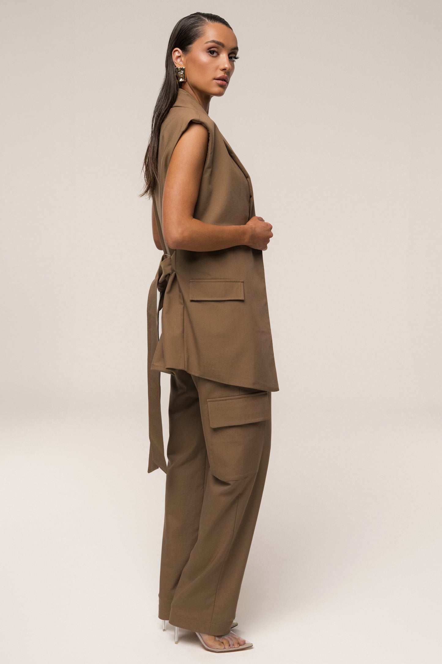 Tan Jeanie Belted Vest NEWFASHIONEDGE