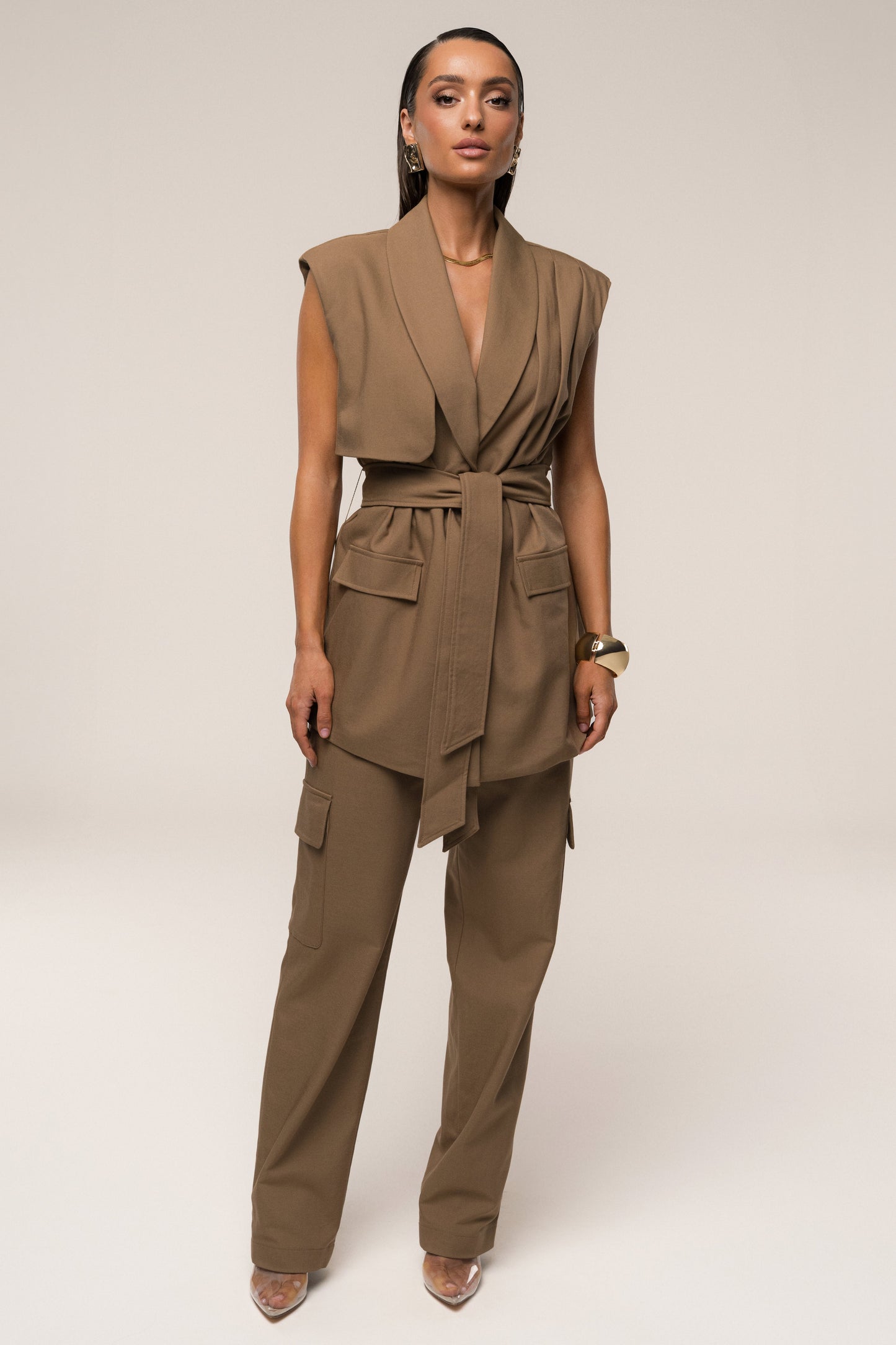 Tan Jeanie Belted Vest NEWFASHIONEDGE
