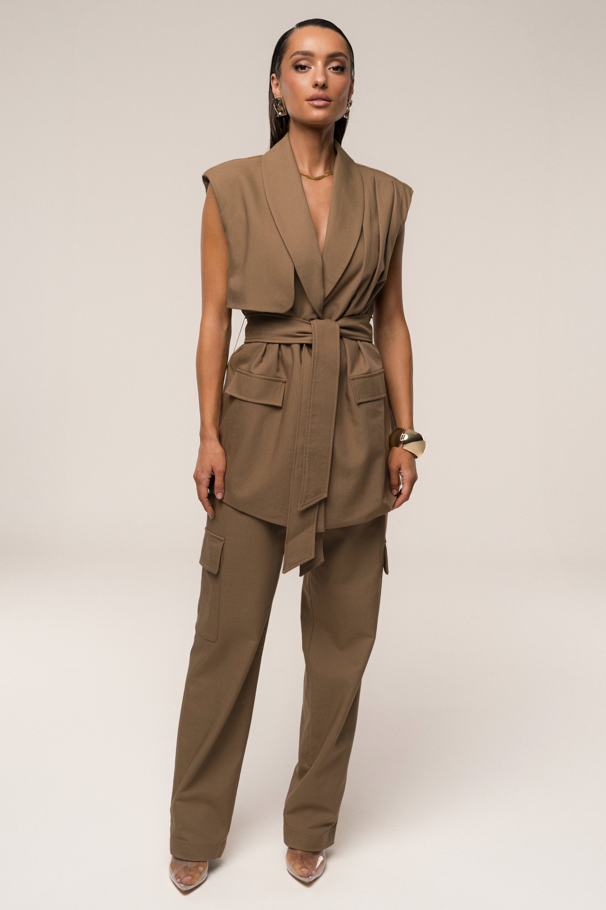 Tan Jeanie Belted Vest NEWFASHIONEDGE