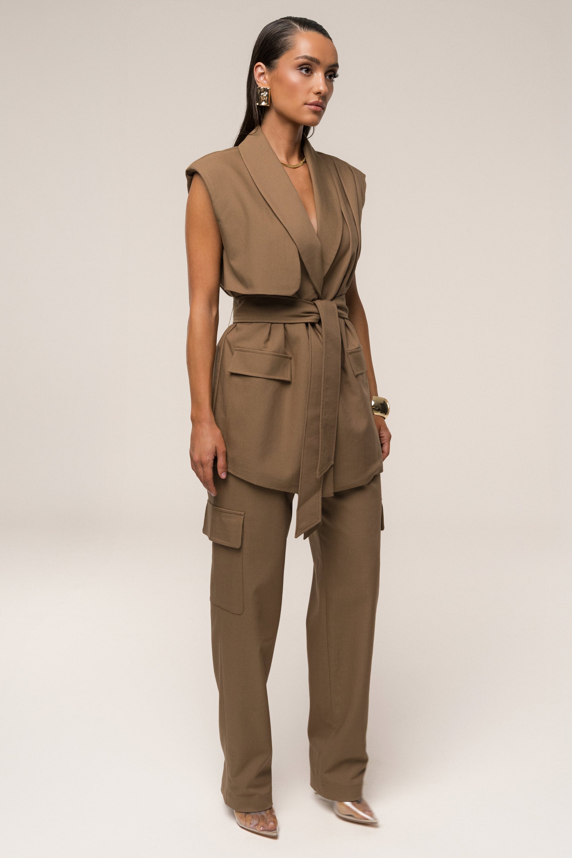 Tan Jeanie Belted Vest NEWFASHIONEDGE
