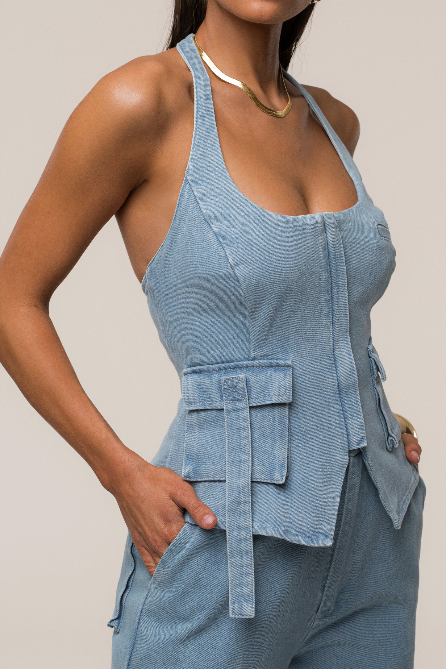Medium Wash Josie Denim Halter Top JLUXLABEL