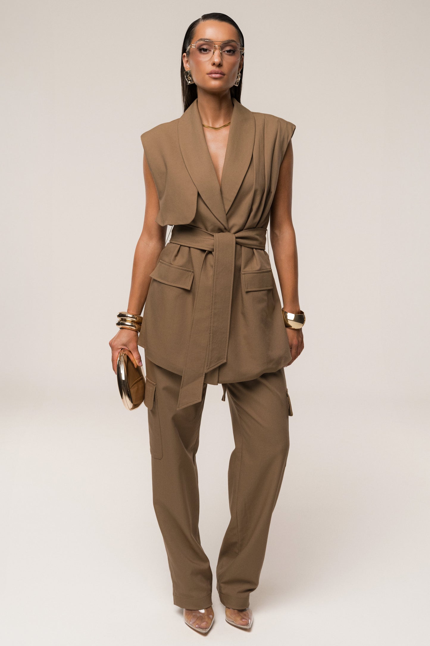 Tan Jeanie Belted Vest NEWFASHIONEDGE