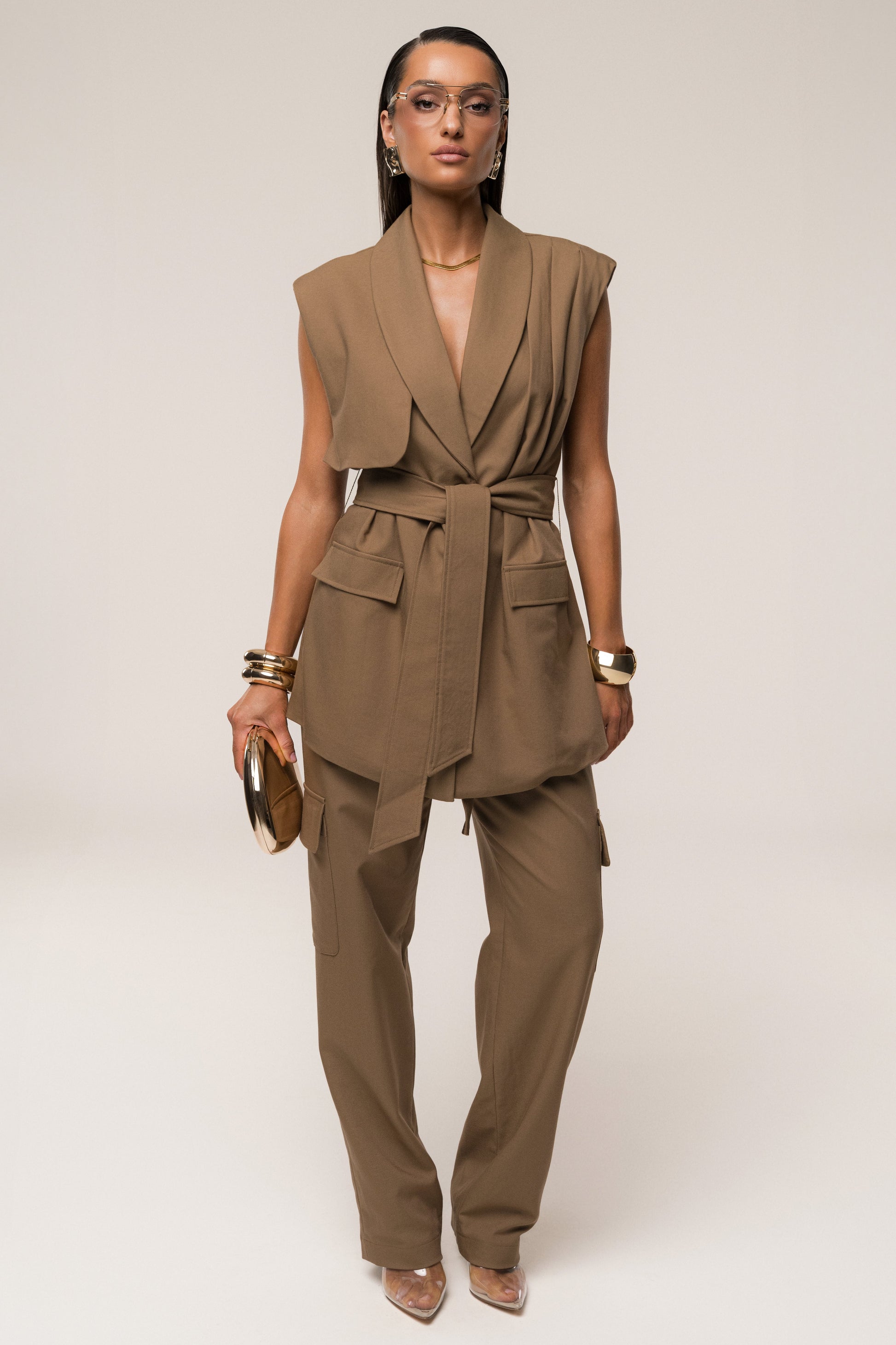 Tan Jeanie Belted Vest NEWFASHIONEDGE