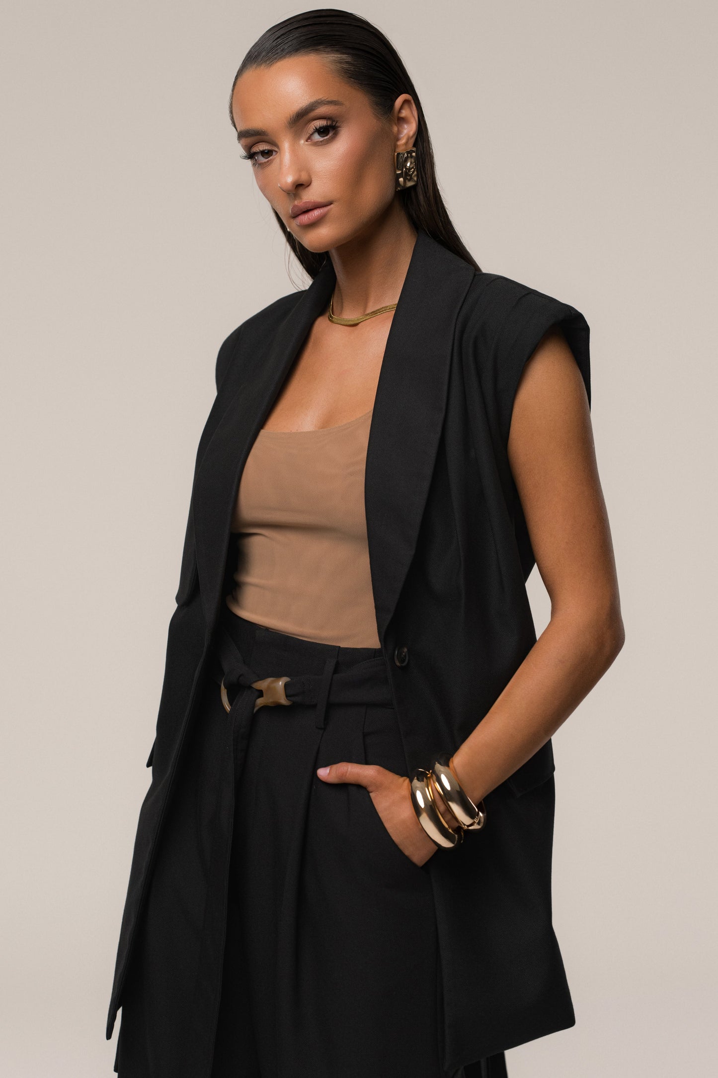 Black Jeanie Belted Vest JLUXLABEL