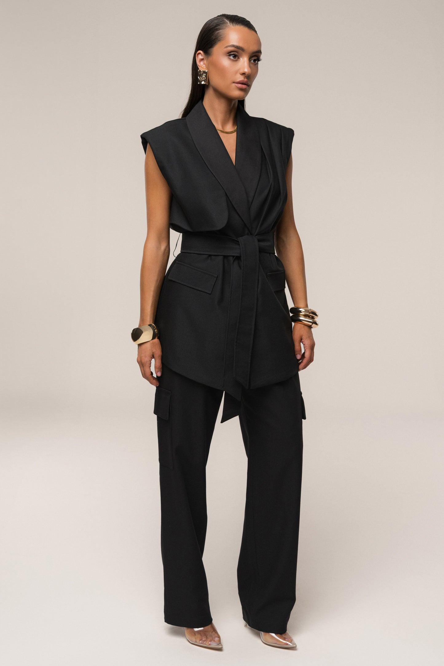 Black Jeanie Belted Vest JLUXLABEL