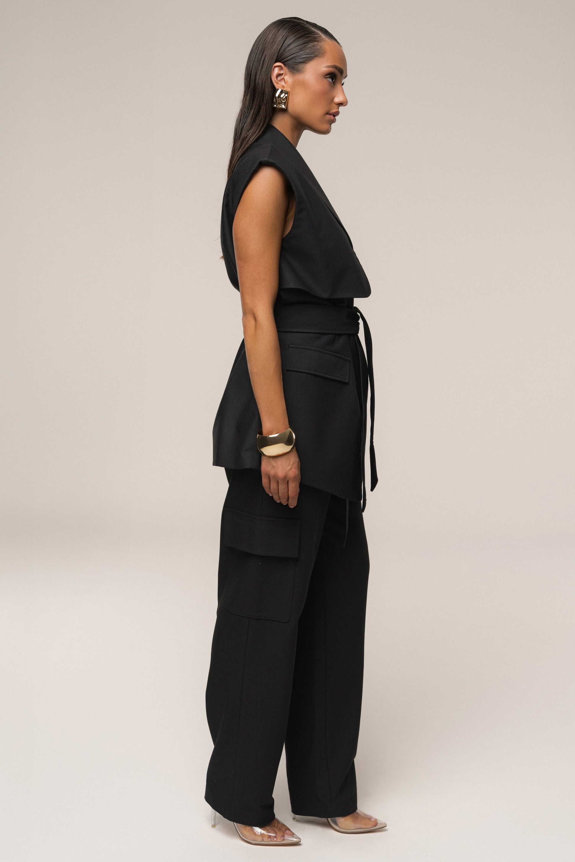 Black Jeanie Belted Vest JLUXLABEL