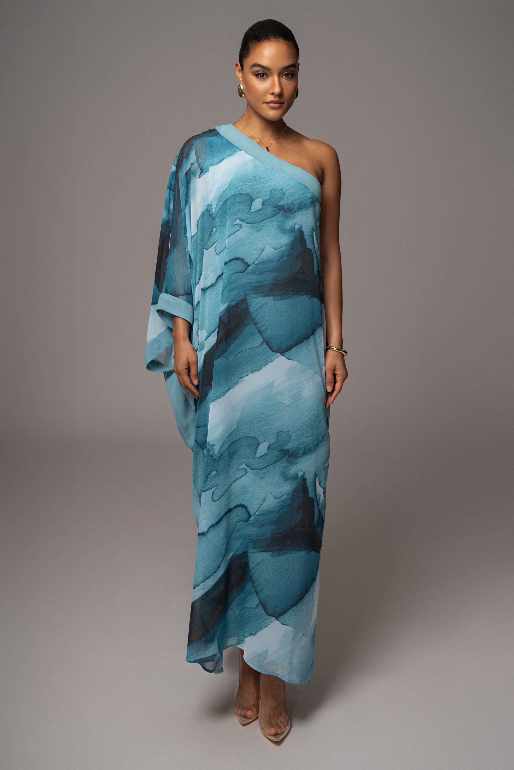 Blue Abstract Mariel One Shoulder Maxi Dress JLUXLABEL