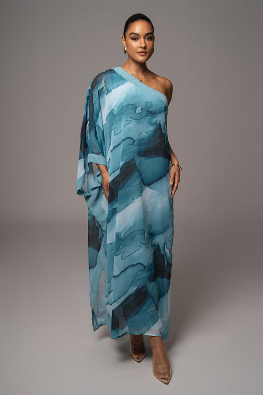 Blue Abstract Mariel One Shoulder Maxi Dress JLUXLABEL