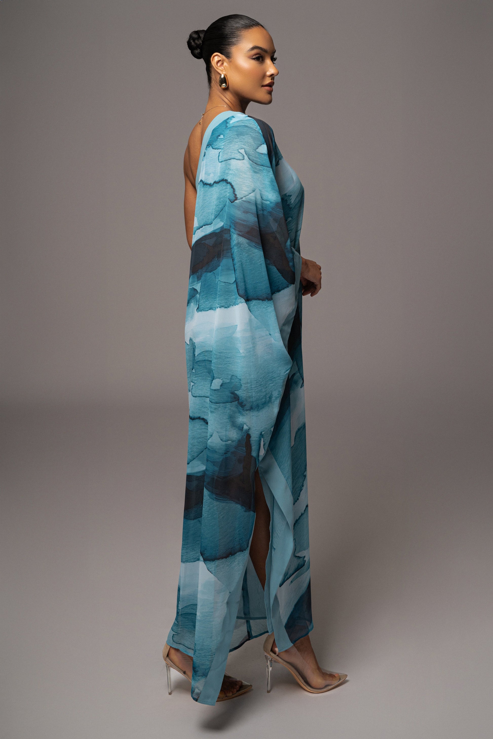 Blue Abstract Mariel One Shoulder Maxi Dress JLUXLABEL