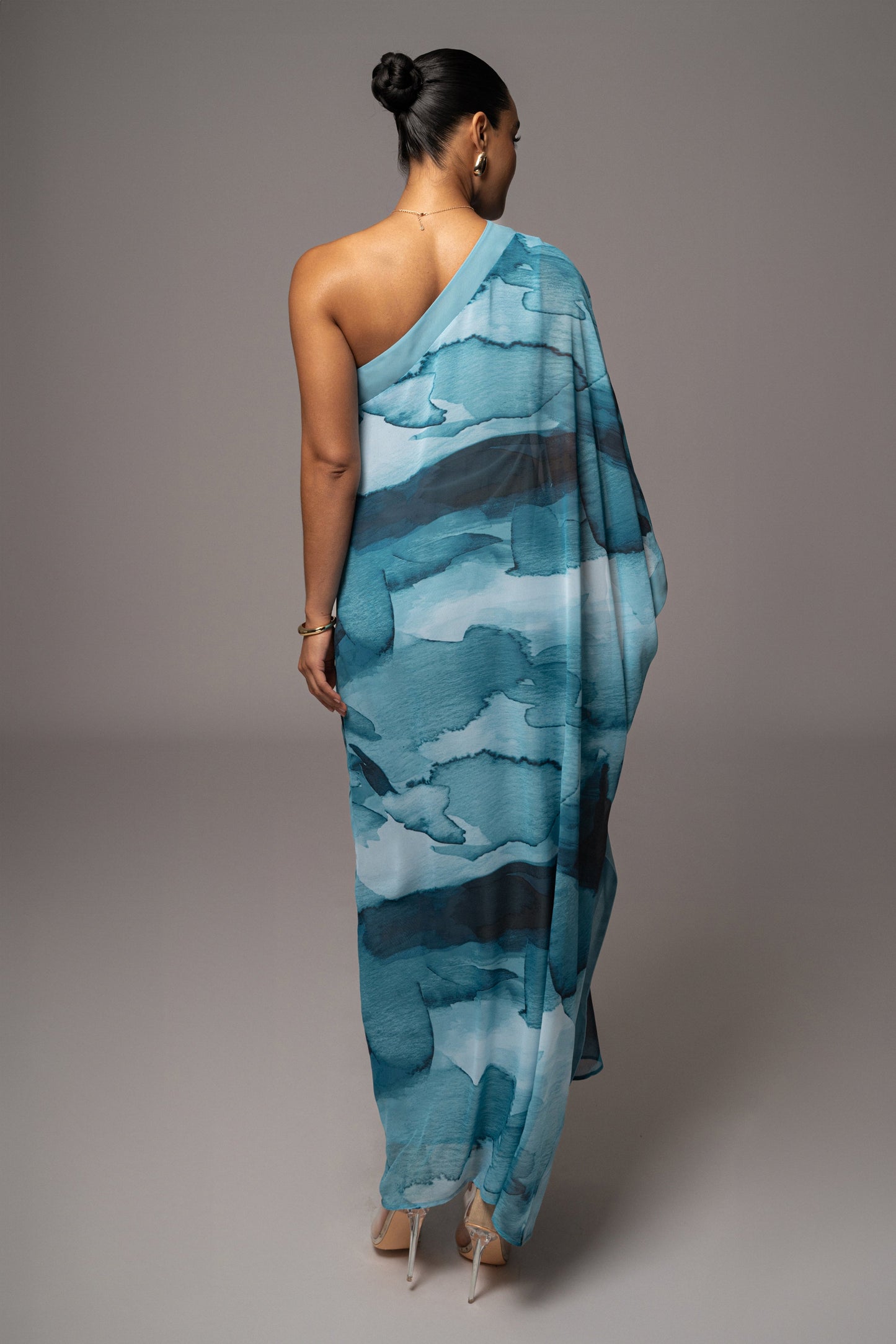 Blue Abstract Mariel One Shoulder Maxi Dress JLUXLABEL