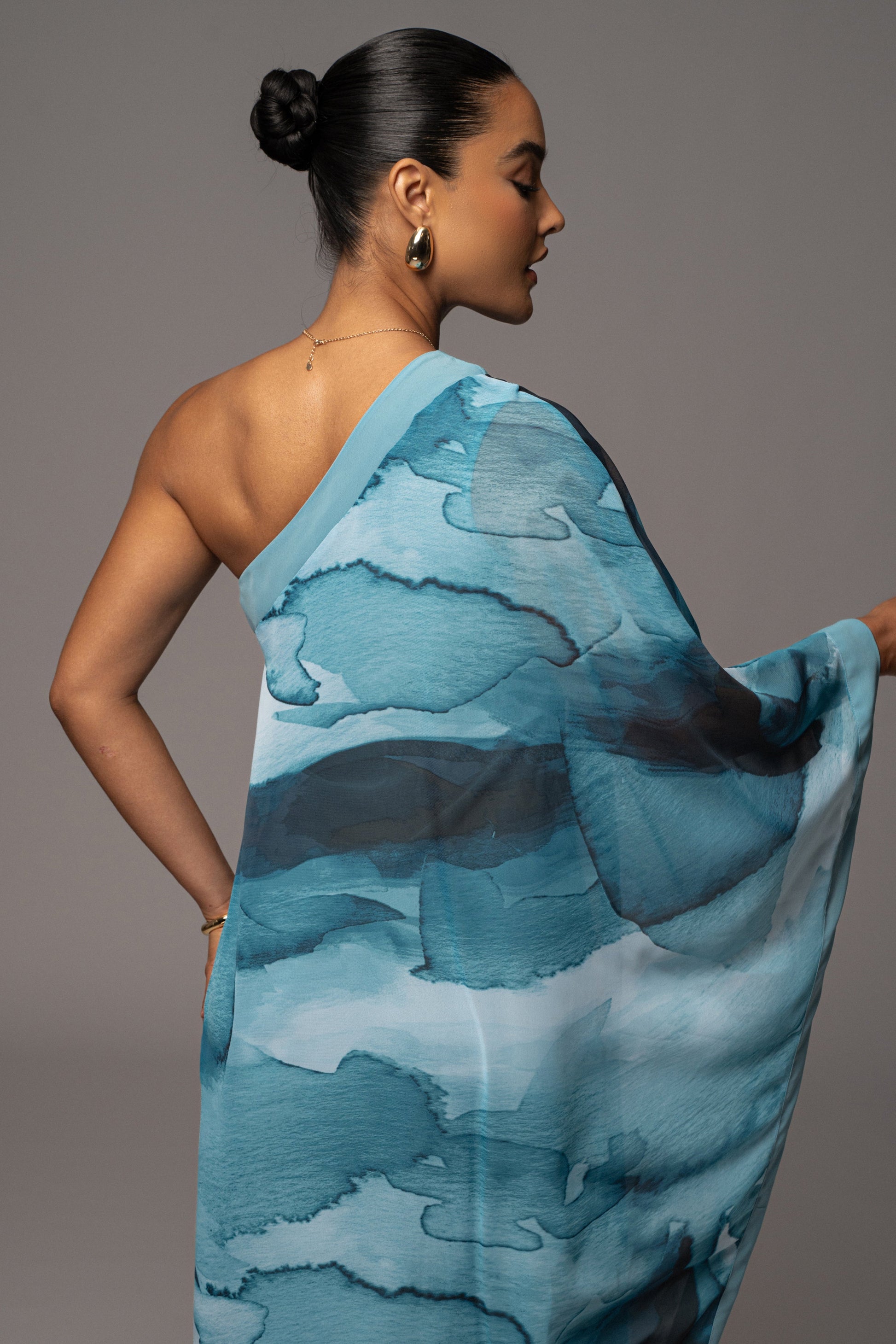 Blue Abstract Mariel One Shoulder Maxi Dress JLUXLABEL