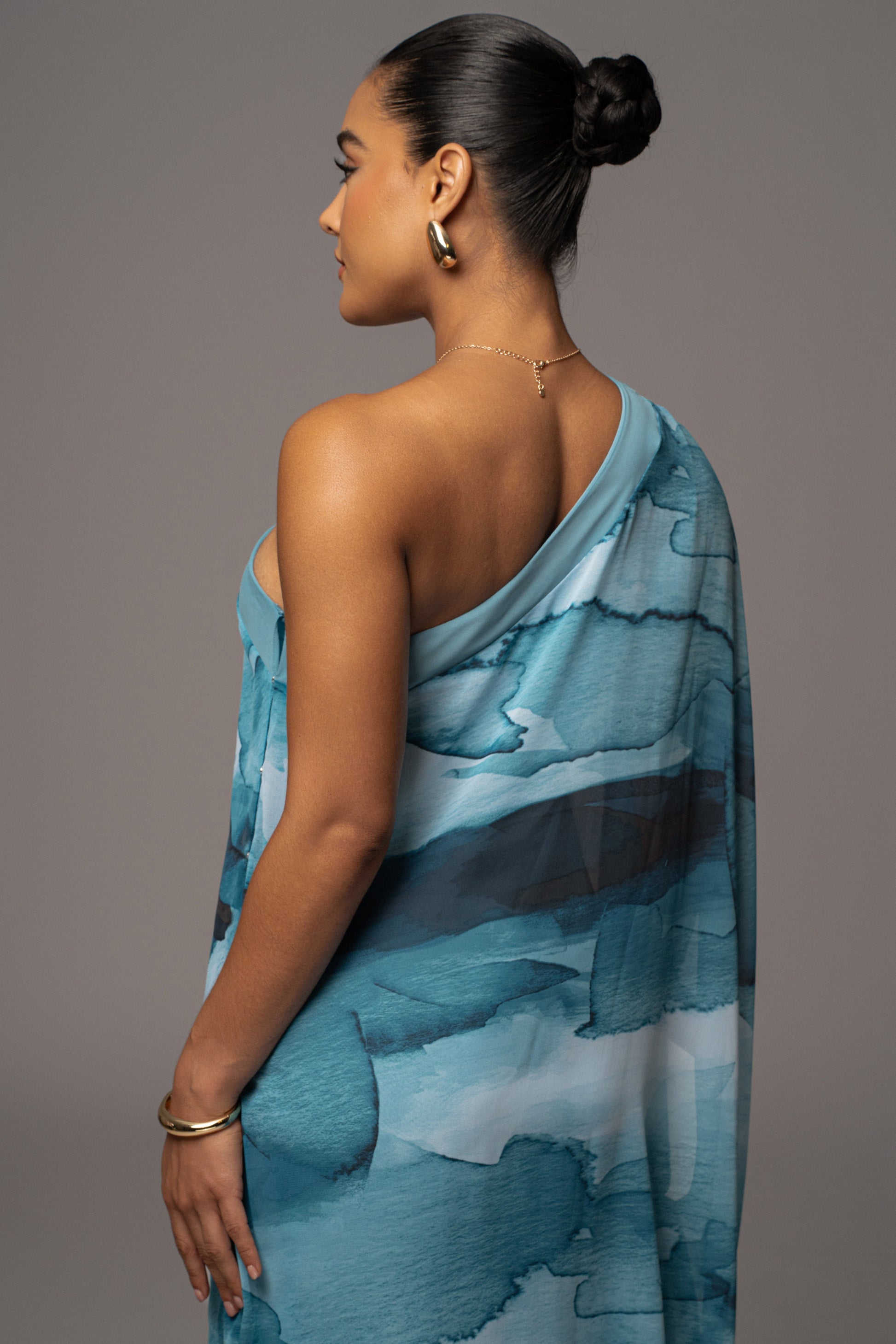 Blue Abstract Mariel One Shoulder Maxi Dress JLUXLABEL