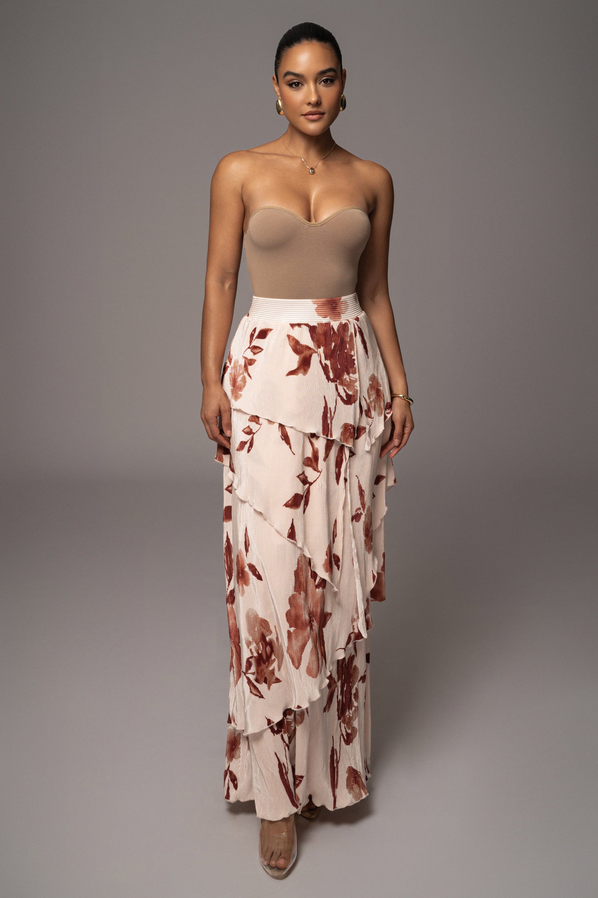 Cream Floral Kamira Tiered Skirt JLUXLABEL