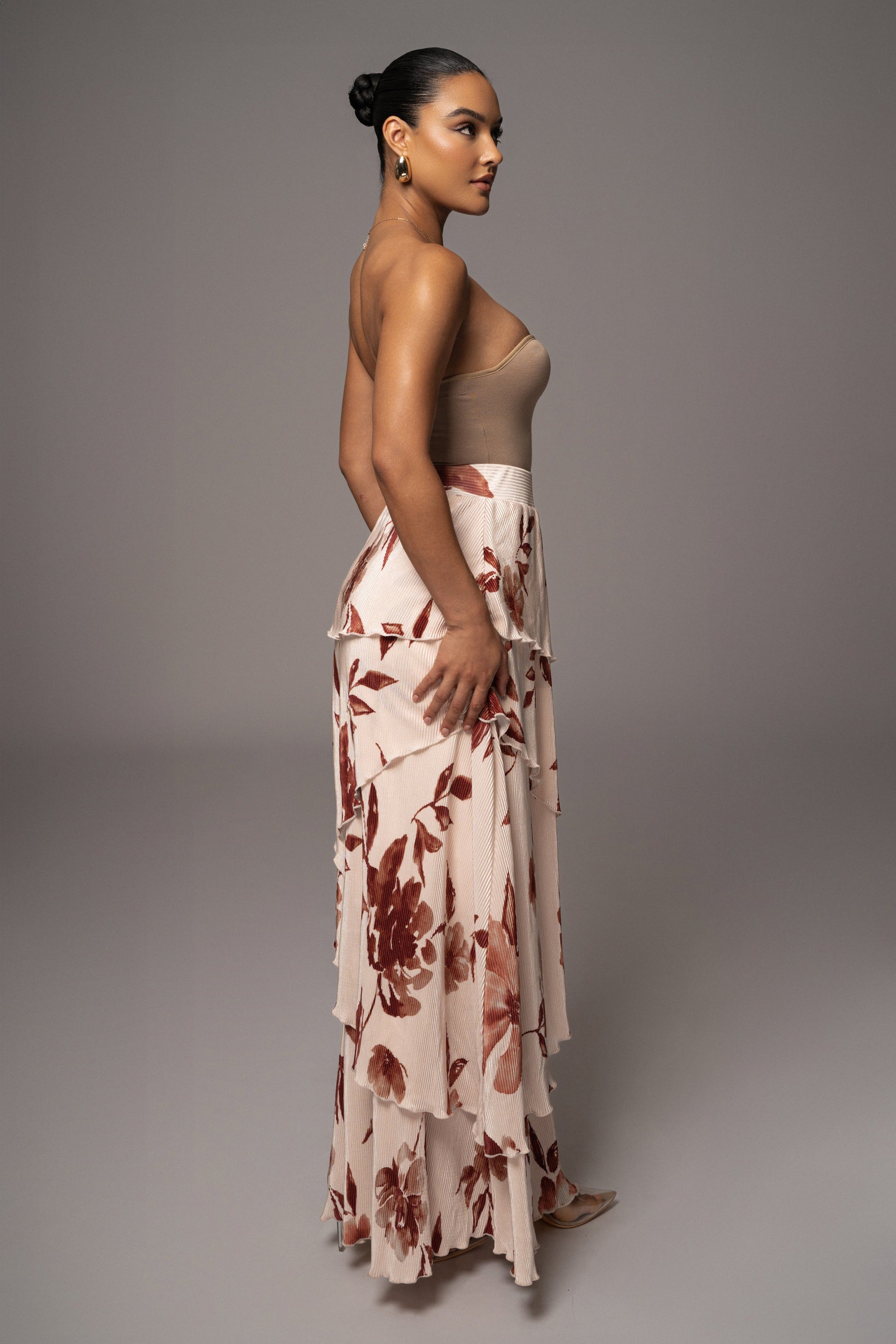 Cream Floral Kamira Tiered Skirt JLUXLABEL