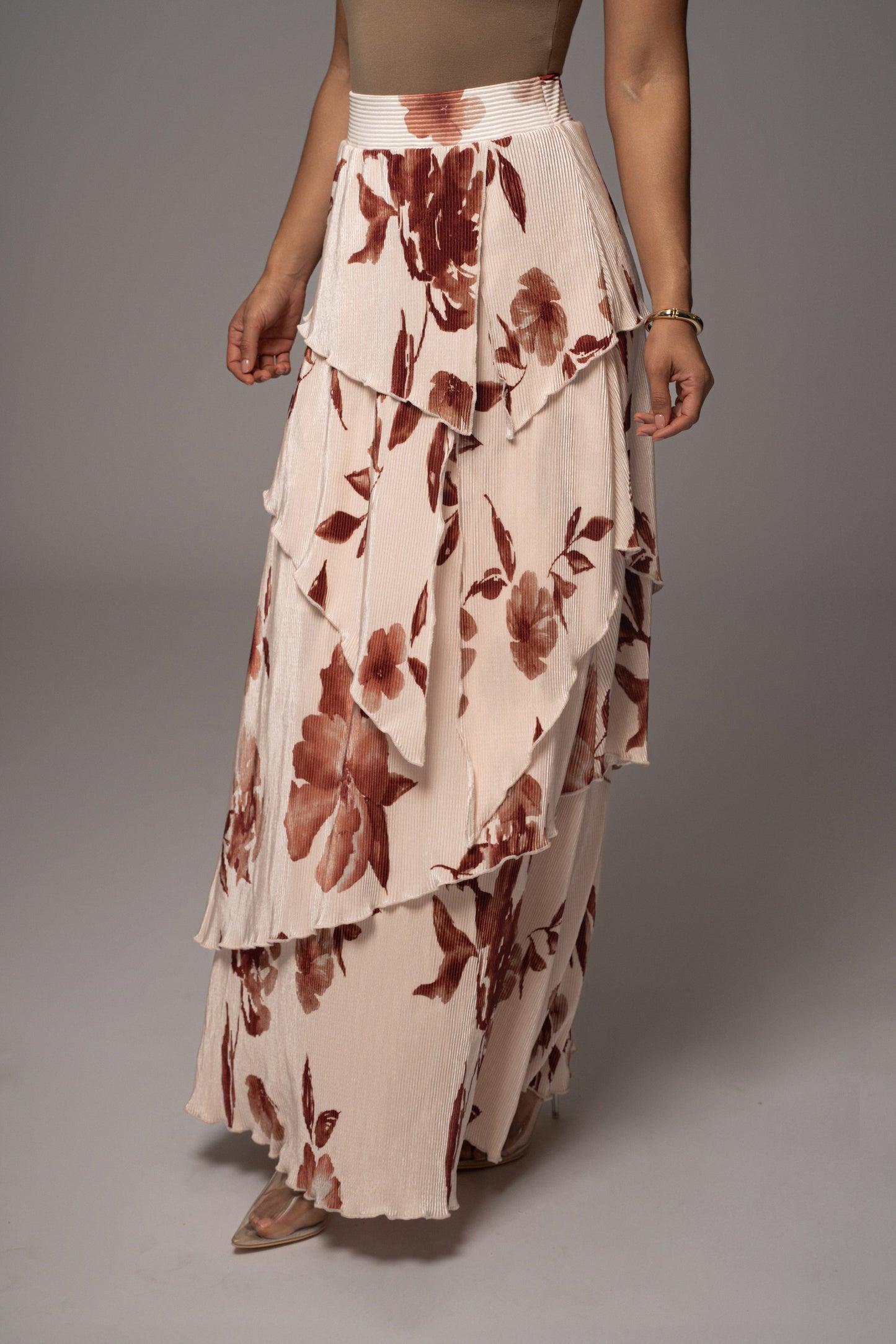 Cream Floral Kamira Tiered Skirt JLUXLABEL