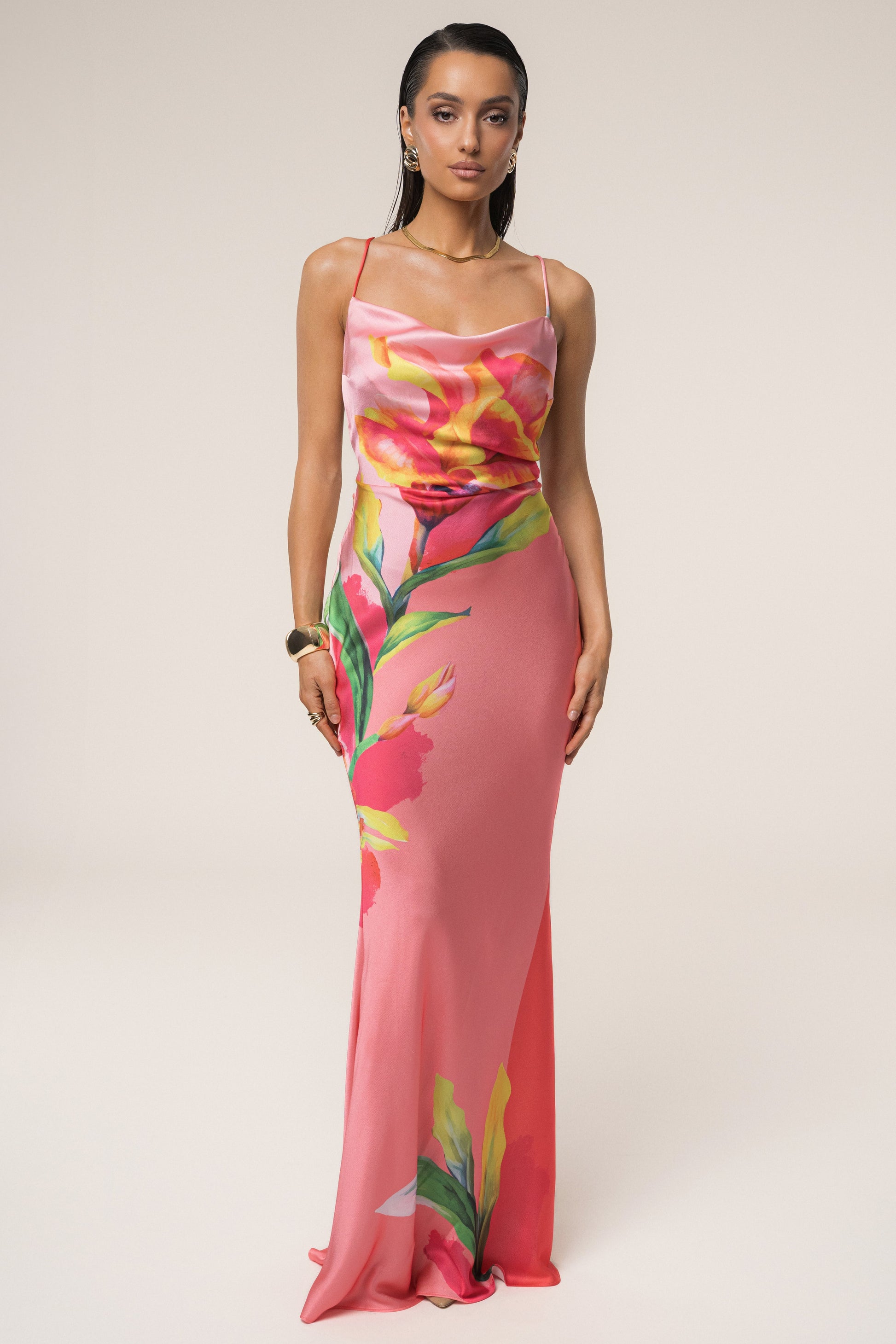 Pink Satin Floral Print Maxi Dress JLUXLABEL
