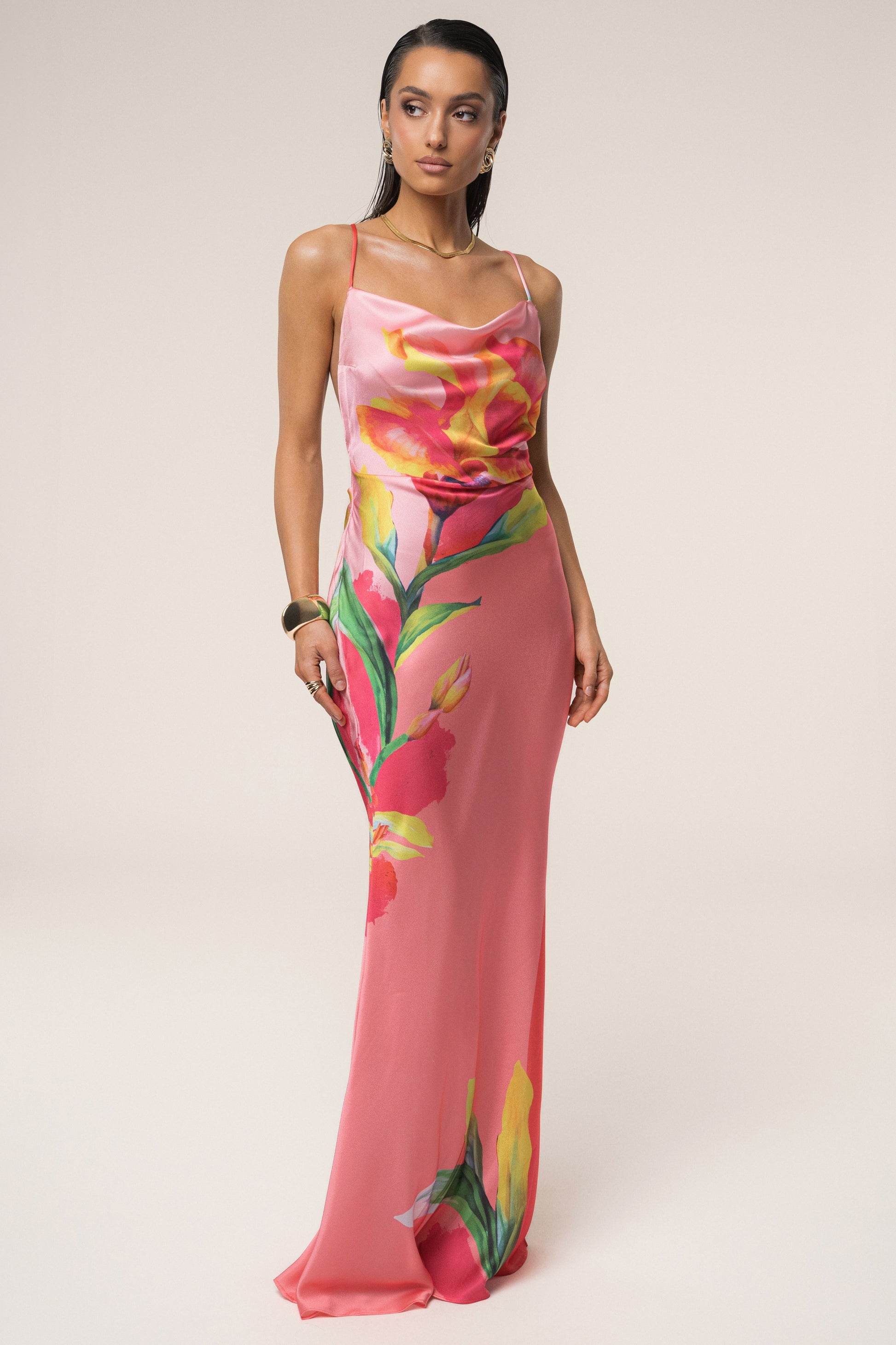 Pink Satin Floral Print Maxi Dress JLUXLABEL