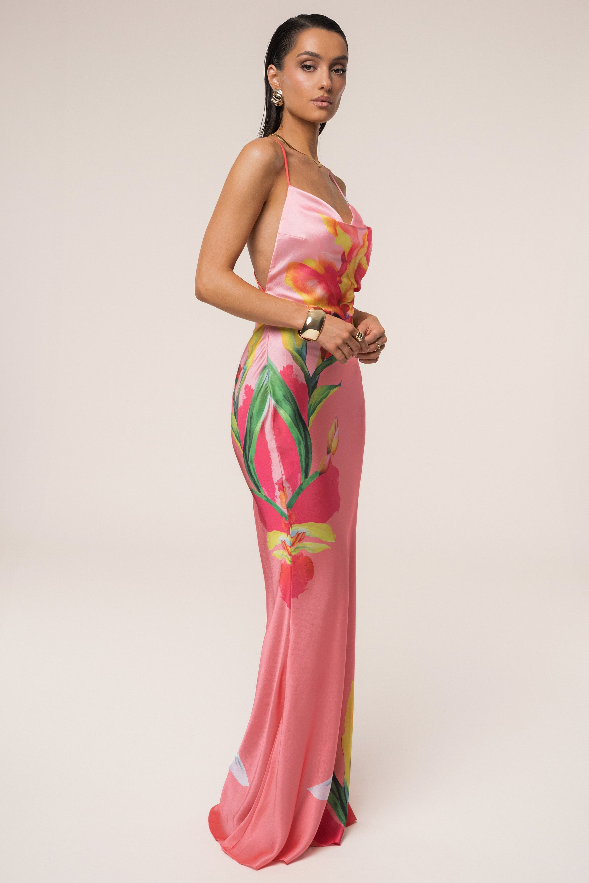 Pink Satin Floral Print Maxi Dress JLUXLABEL