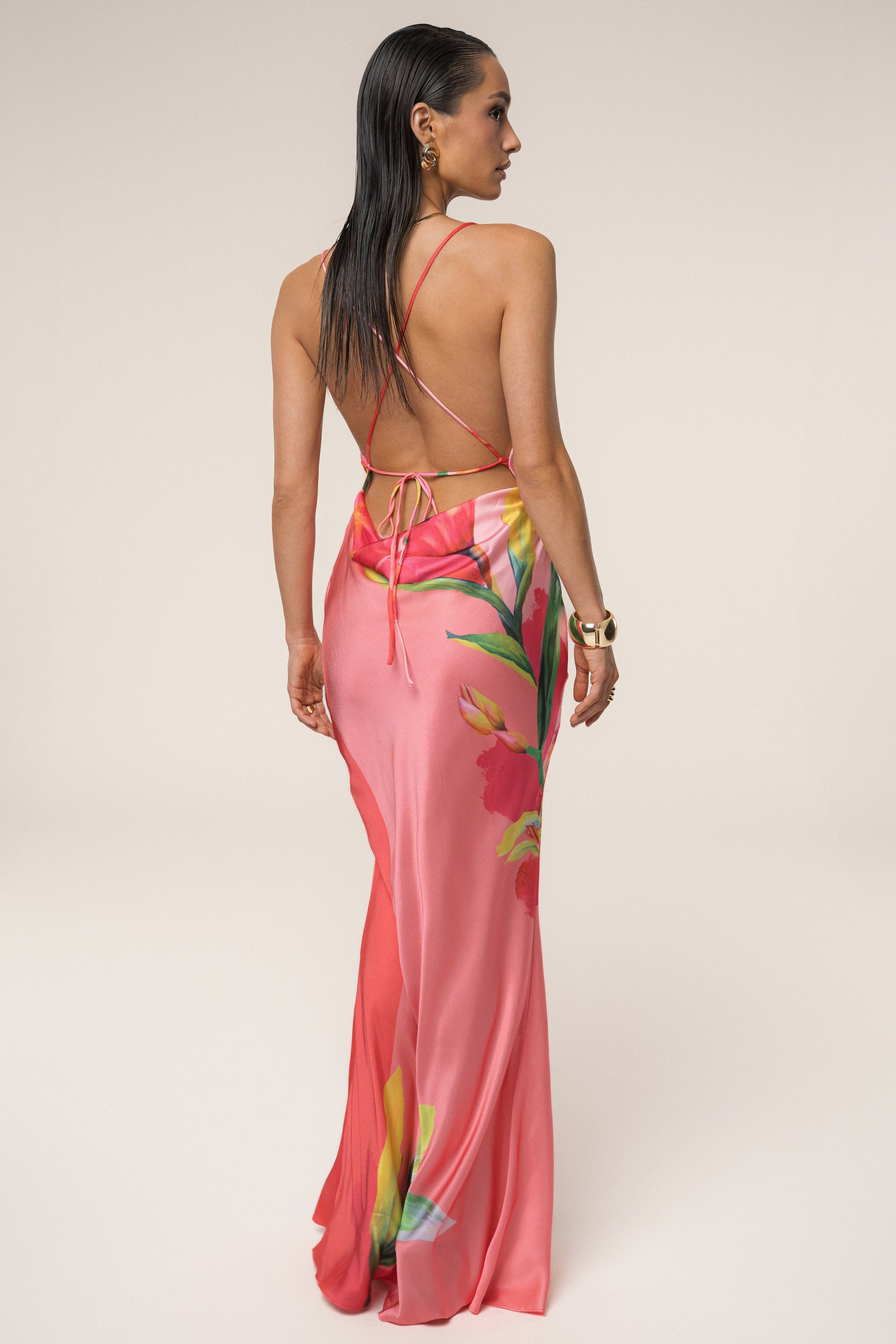 Pink Satin Floral Print Maxi Dress JLUXLABEL