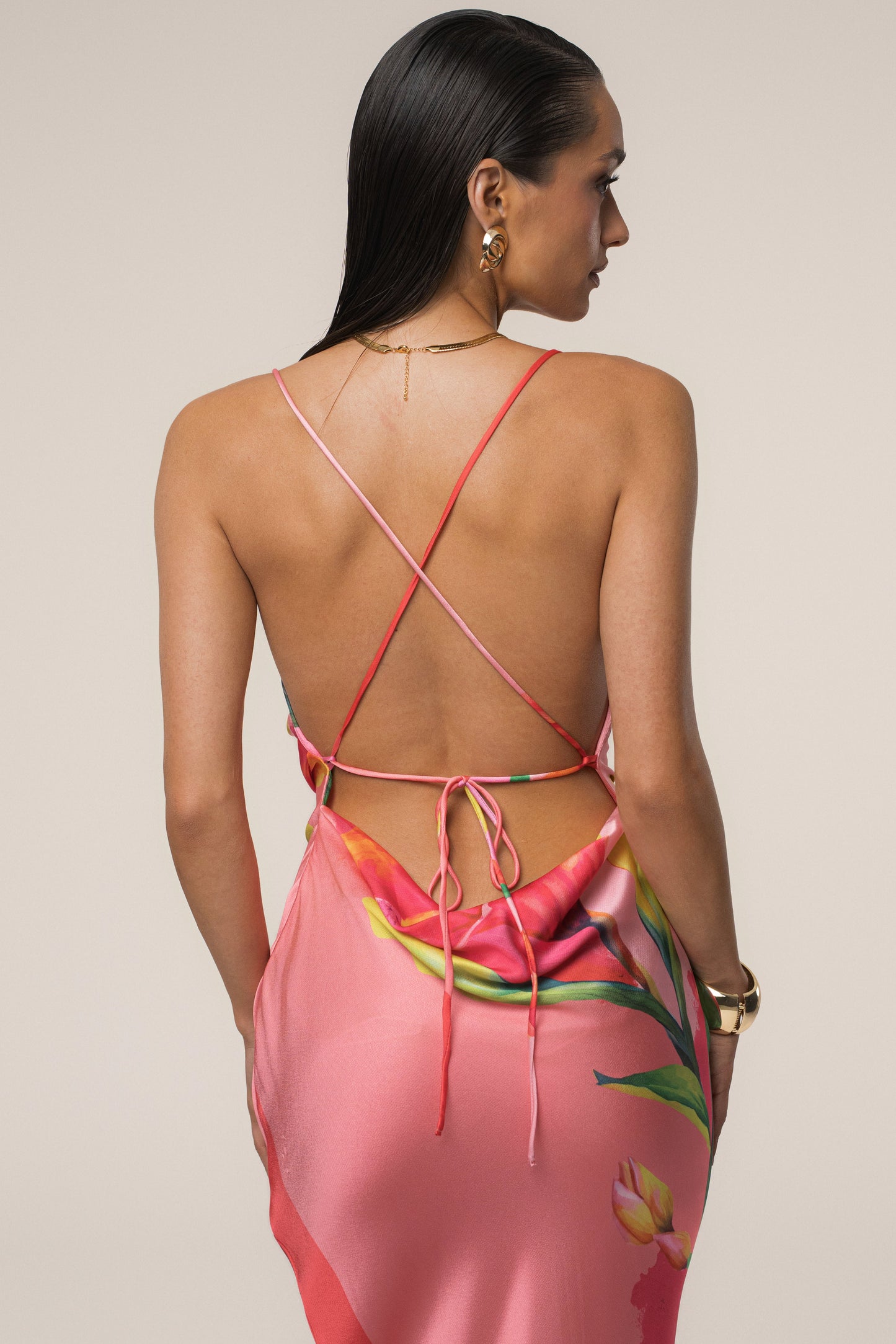 Pink Satin Floral Print Maxi Dress JLUXLABEL