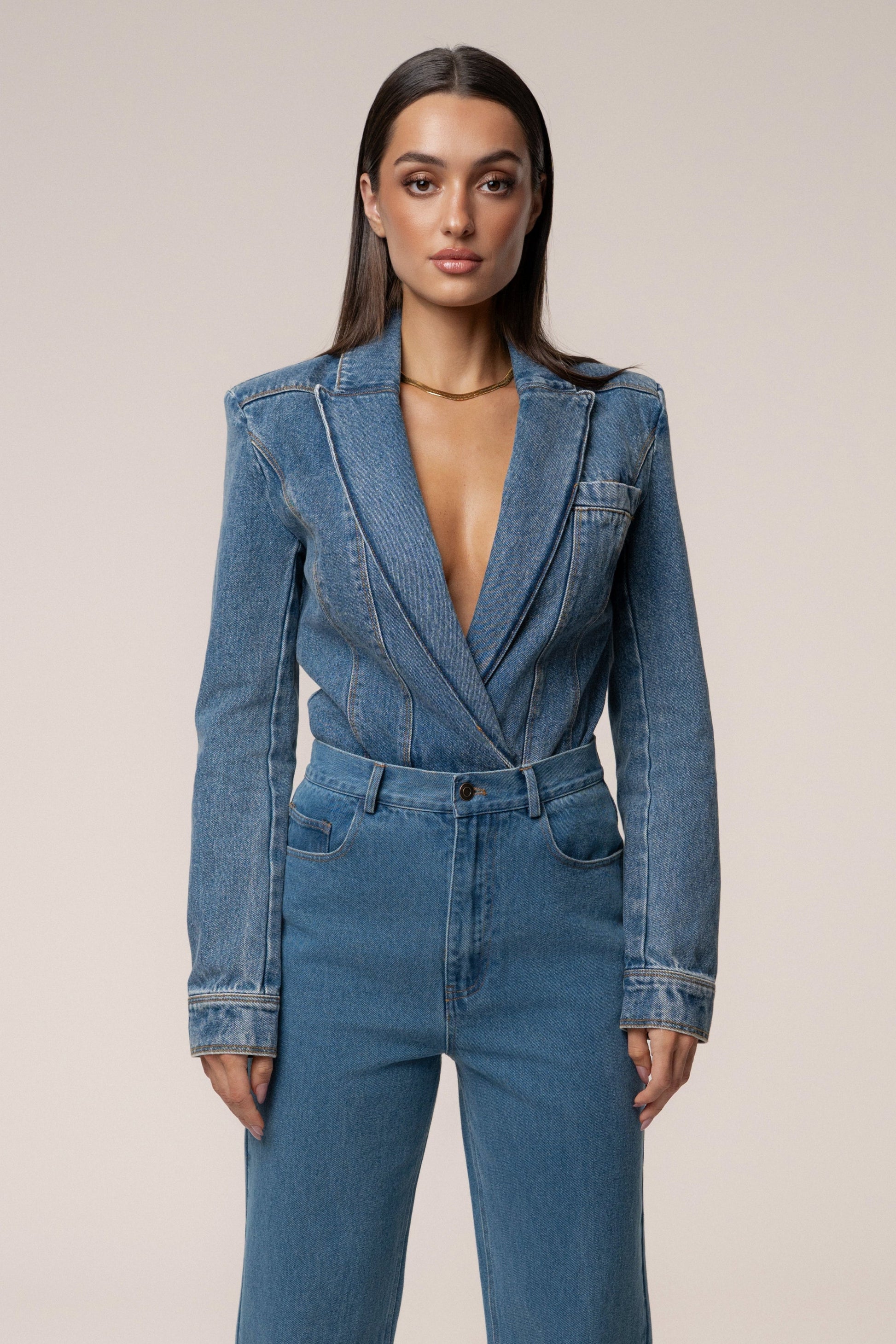 Medium Wash Dominica Structured Denim Bodysuit JLUXLABEL