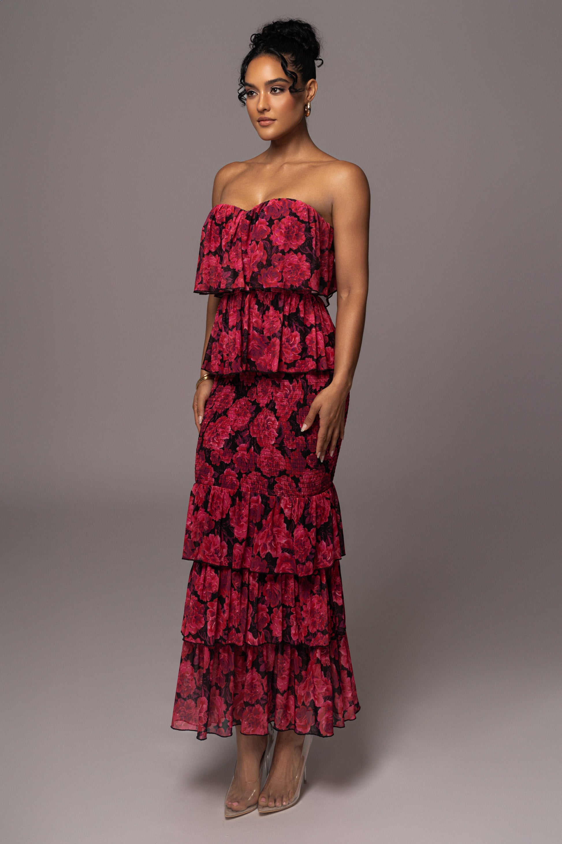 Pink  Floral Casa Blanca Ruffle Dress JLUXLABEL